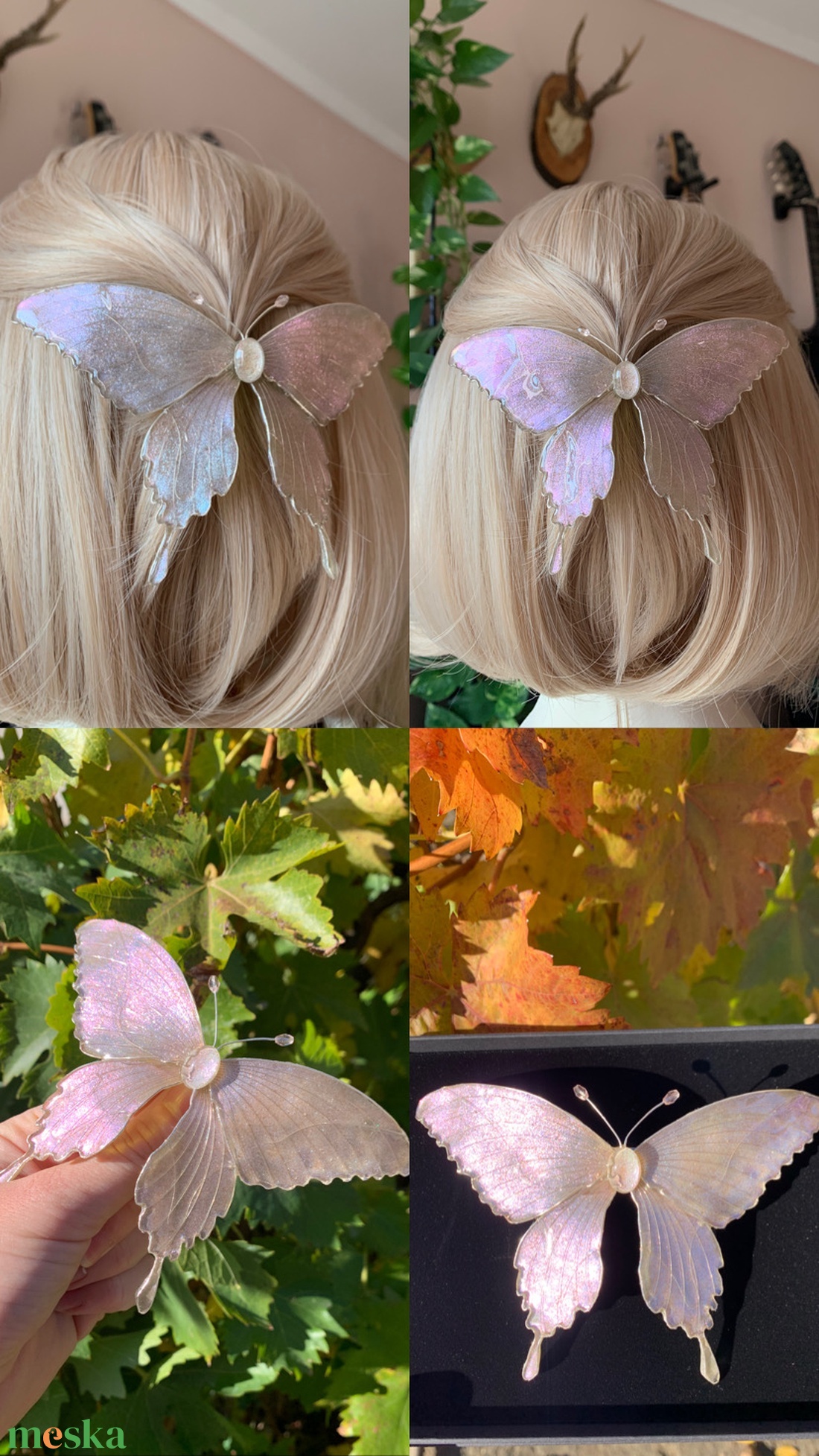 Törtfehér-csillámos pillangós epoxy hajcsat - ruha & divat - hajdísz & hajcsat - hajdísz - Meska.hu