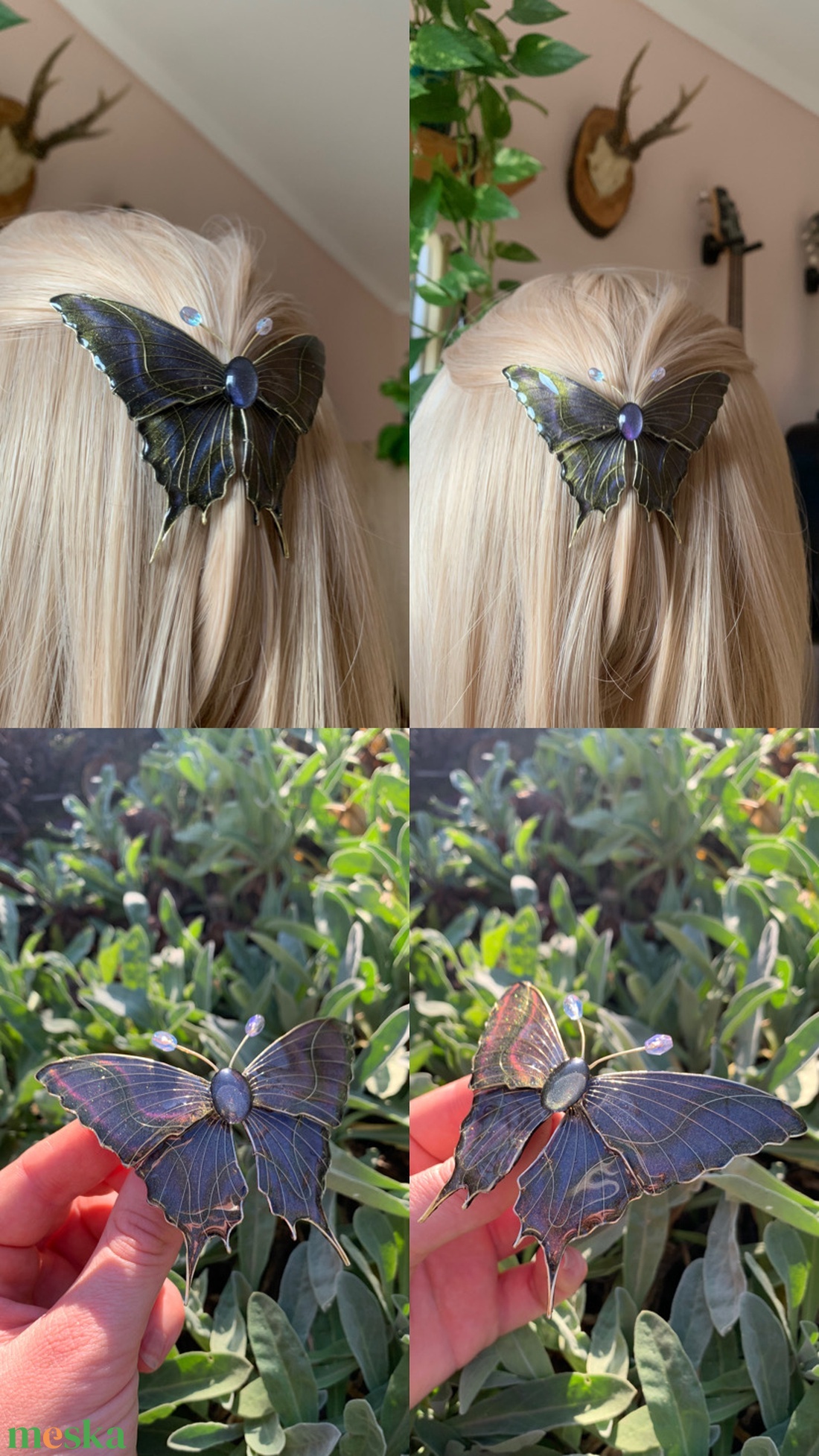 Kékeslila-zöldessárga pillangós epoxy hajcsat - ruha & divat - hajdísz & hajcsat - hajdísz - Meska.hu
