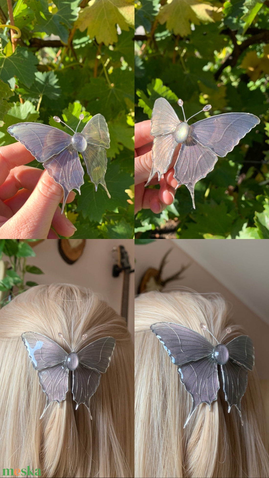 Szürke pillangós epoxy hajcsat - ruha & divat - hajdísz & hajcsat - hajdísz - Meska.hu