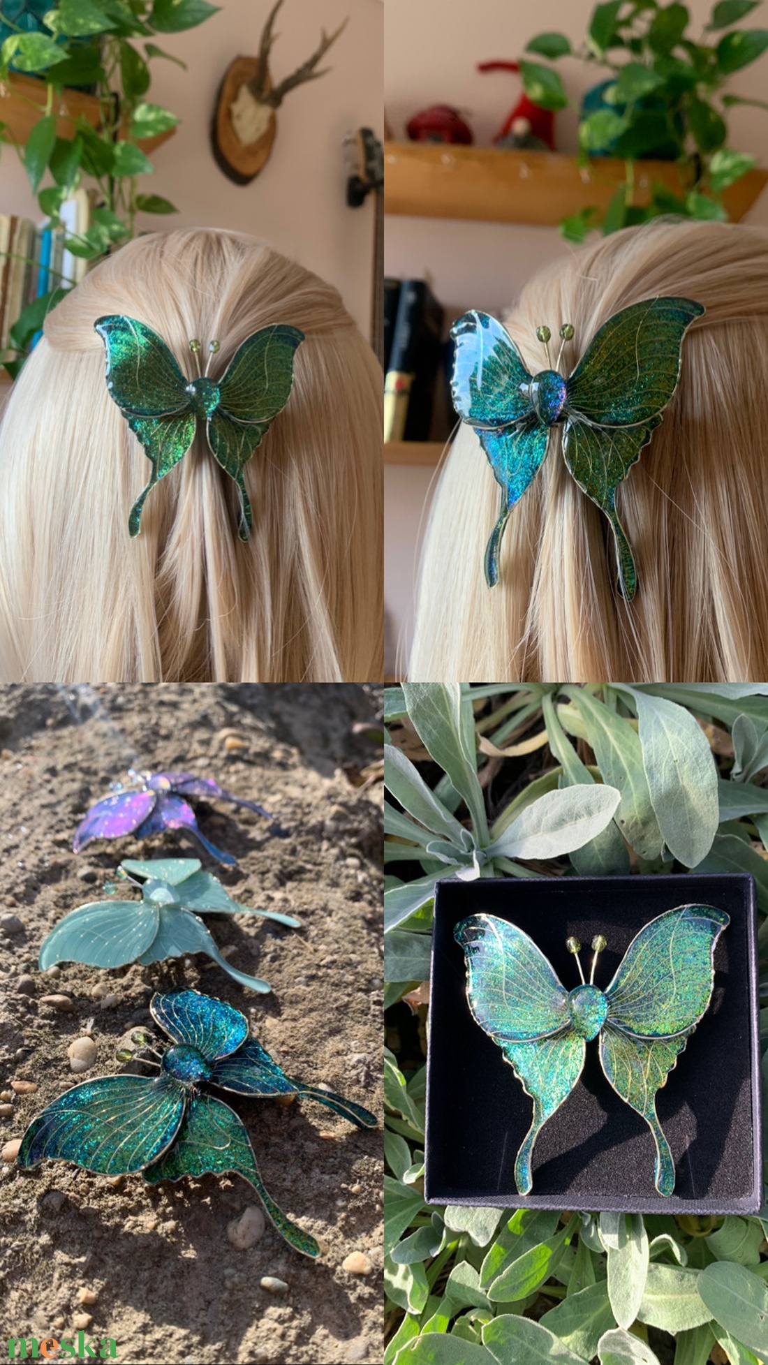 Zöld pillangós epoxy hajcsat - ruha & divat - hajdísz & hajcsat - hajdísz - Meska.hu