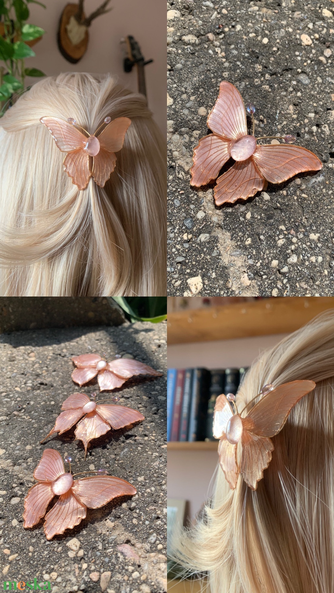 Rózsaszín-bézs csillogós pillangó hajcsat - ruha & divat - hajdísz & hajcsat - hajdísz - Meska.hu