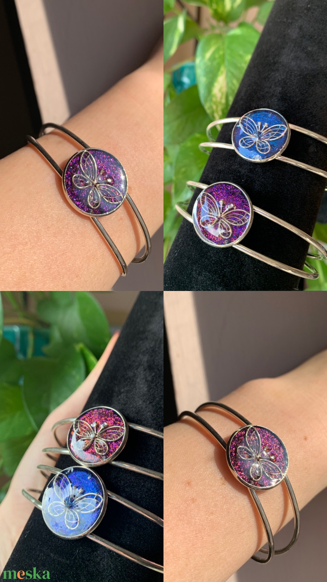 Lila csillámos pillangós epoxy karperec - ékszer - karkötő - karperec - Meska.hu