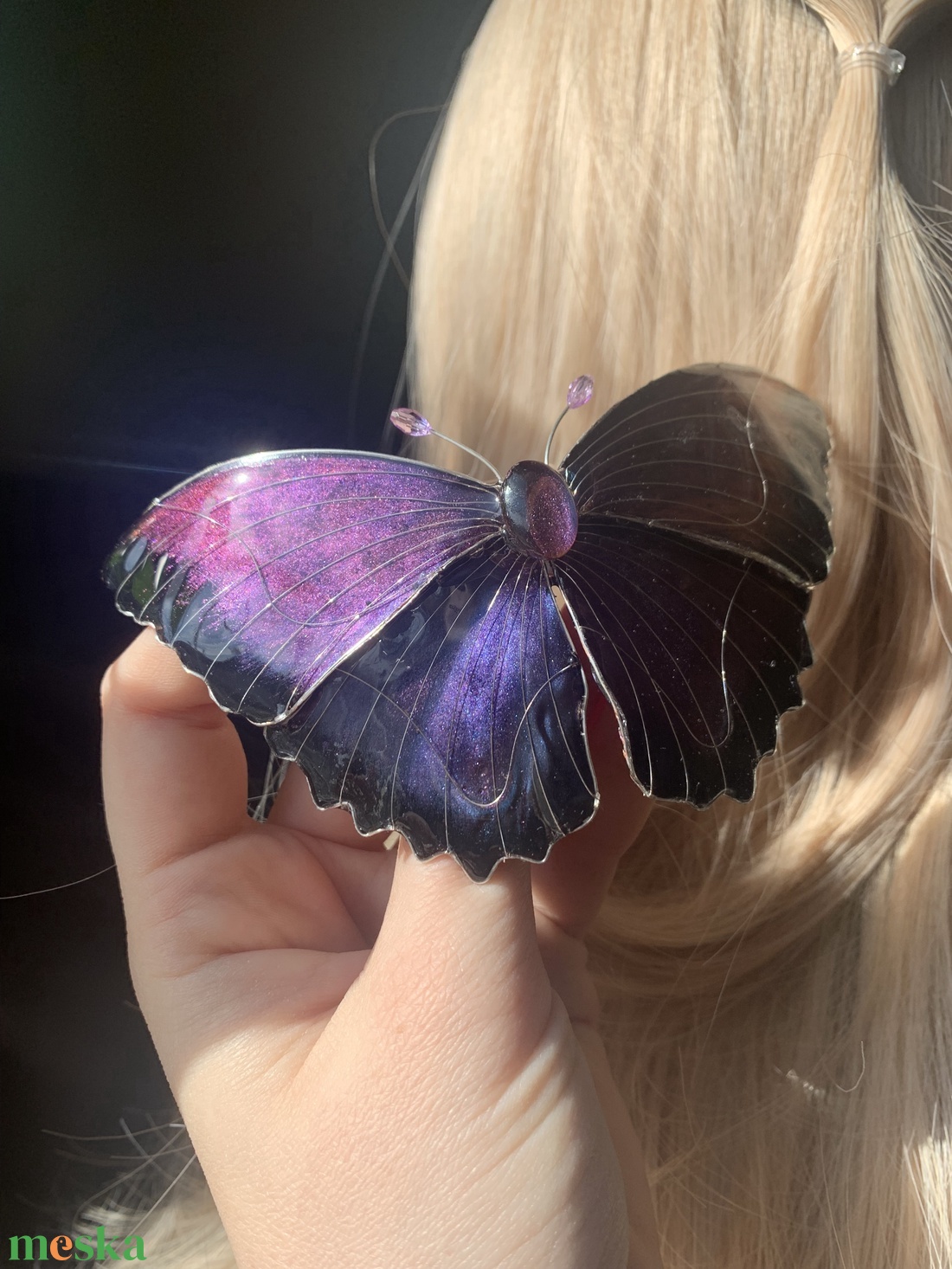 Lila-fekete azúrlepke hajcsat - ruha & divat - hajdísz & hajcsat - hajdísz - Meska.hu