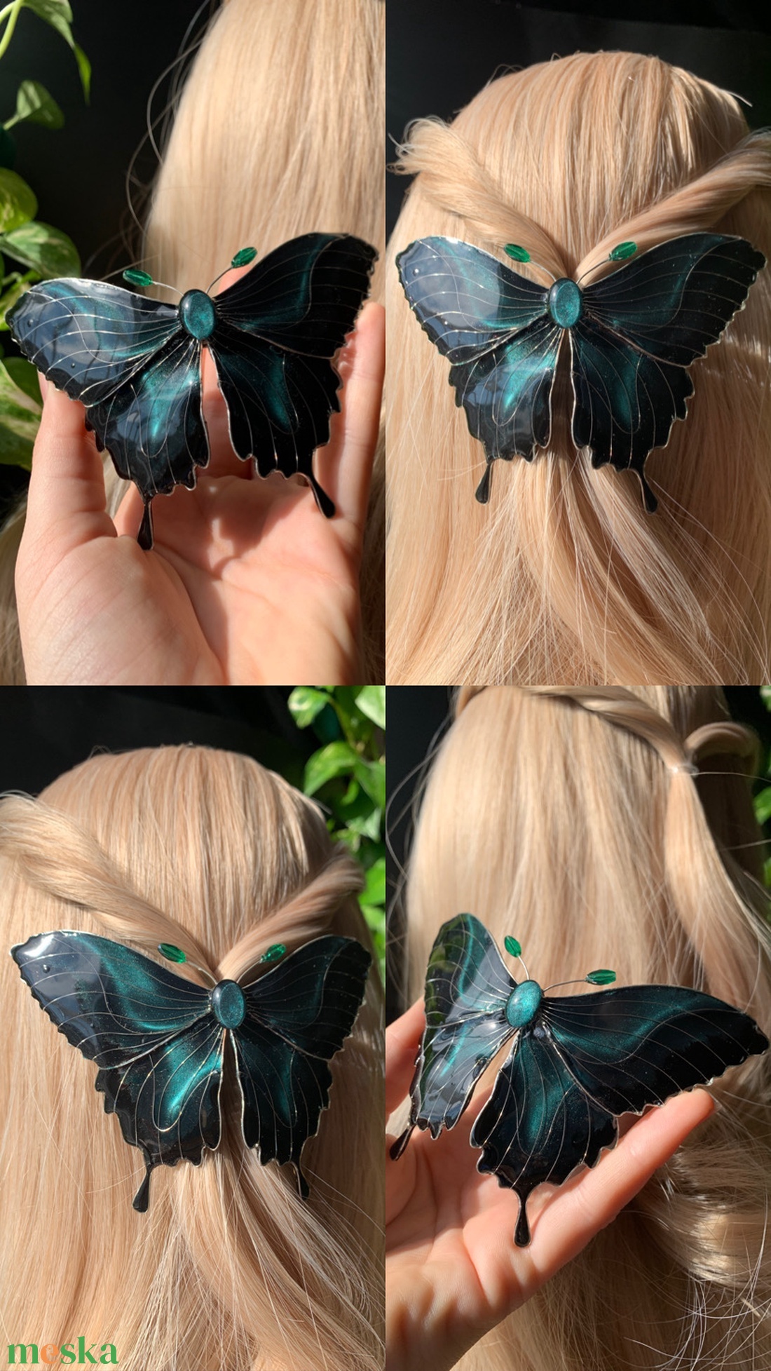 Smaragdzöld-fekete pillangós hajcsat - ruha & divat - hajdísz & hajcsat - hajdísz - Meska.hu