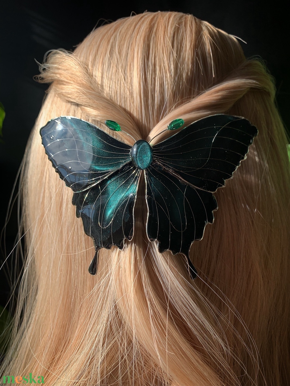 Smaragdzöld-fekete pillangós hajcsat - ruha & divat - hajdísz & hajcsat - hajdísz - Meska.hu