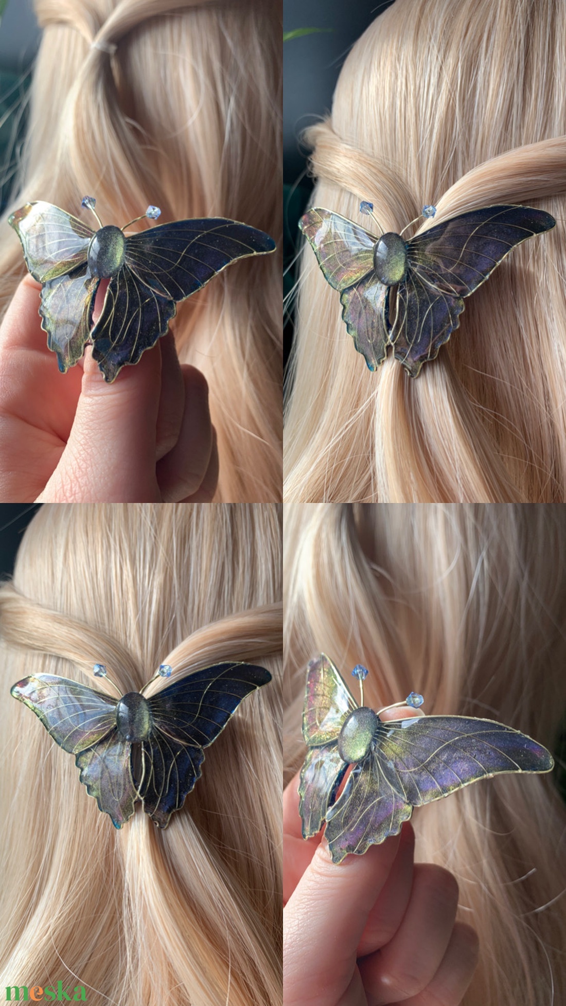 Liláskék-zöldessárga pillangós hajcsat - ruha & divat - hajdísz & hajcsat - hajdísz - Meska.hu