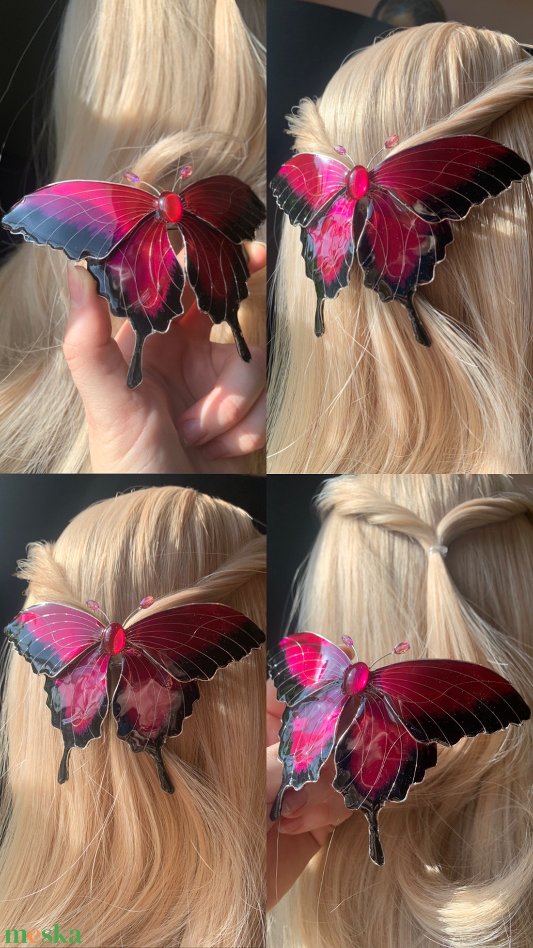Fukszia-fekete pillangós hajcsat - ruha & divat - hajdísz & hajcsat - hajdísz - Meska.hu