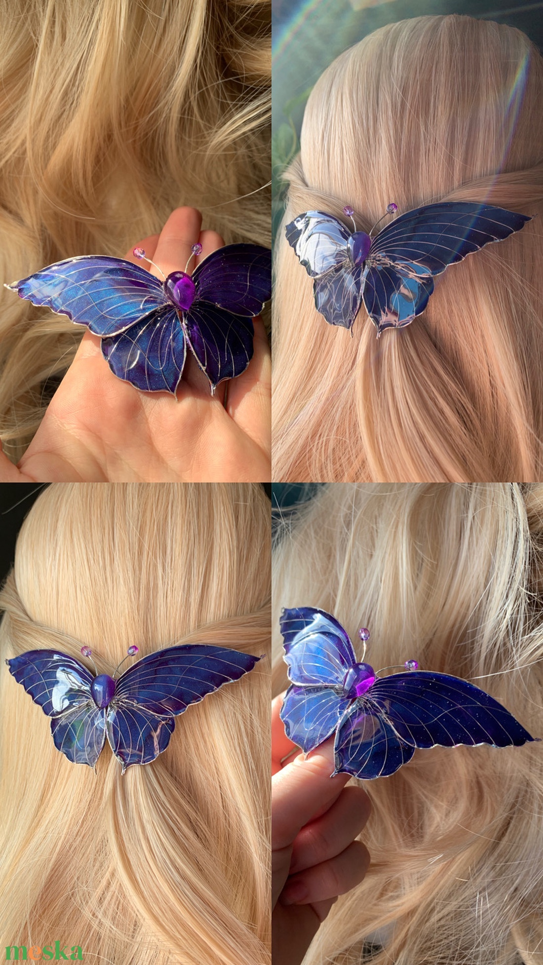 Kék-sötétlila pillangós hajcsat - ruha & divat - hajdísz & hajcsat - hajdísz - Meska.hu