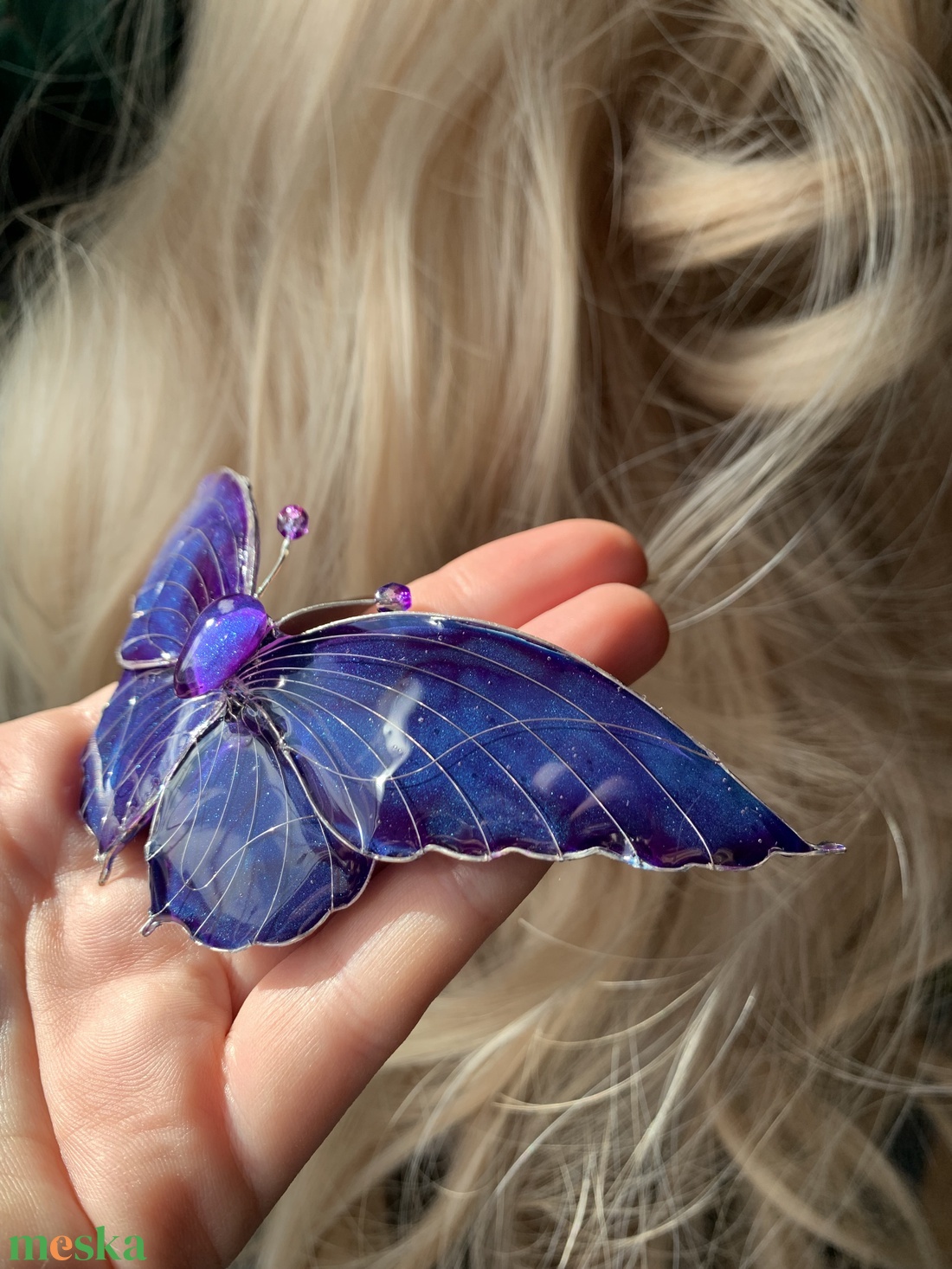 Kék-sötétlila pillangós hajcsat - ruha & divat - hajdísz & hajcsat - hajdísz - Meska.hu