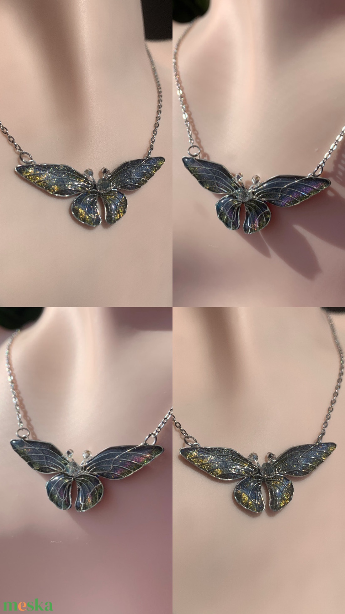 Liláskék-zöldessárga pillangós nyaklánc - ékszer - nyaklánc - medálos nyaklánc - Meska.hu