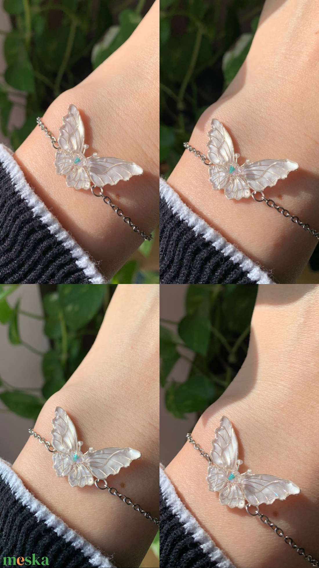 Gyöngyházfehér pillangós karkötő - ékszer - karkötő - karkötő medállal - Meska.hu