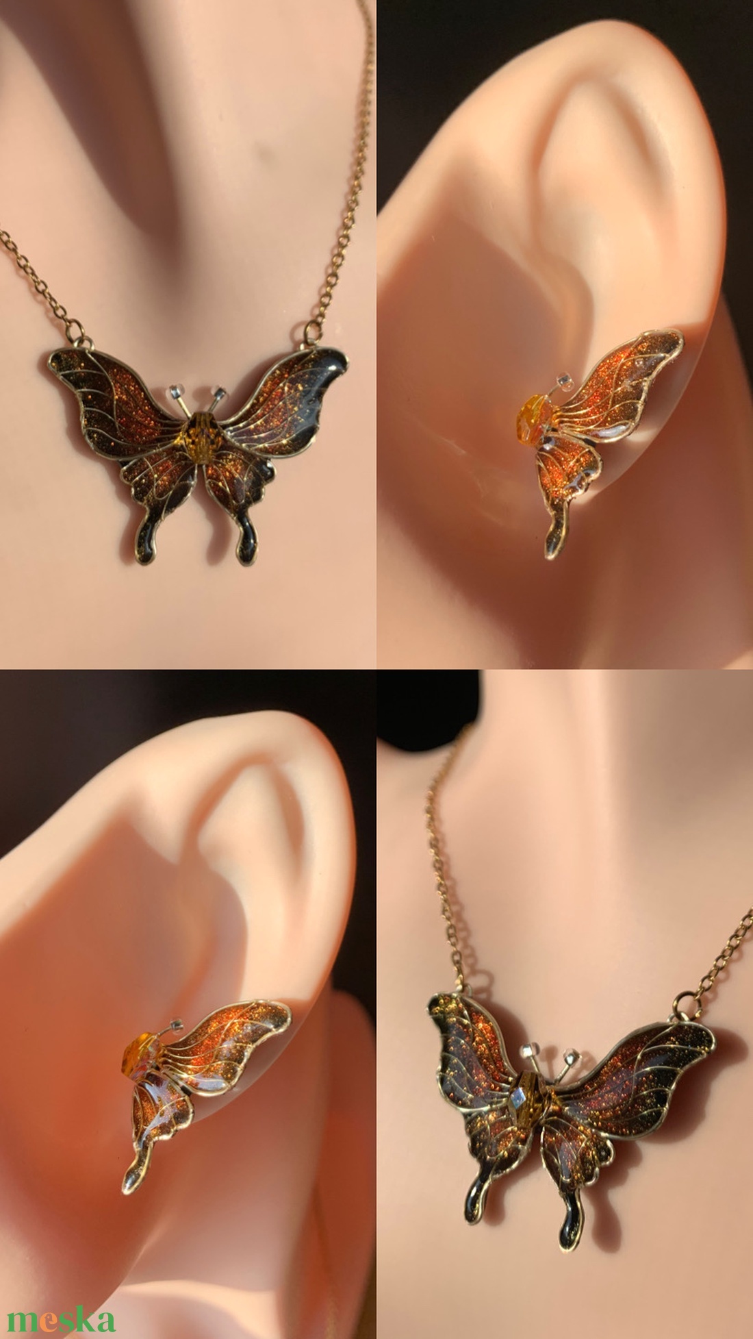 Narancs-fekete pillangós nyaklánc-fülbevaló szett - ékszer - ékszerszett - Meska.hu