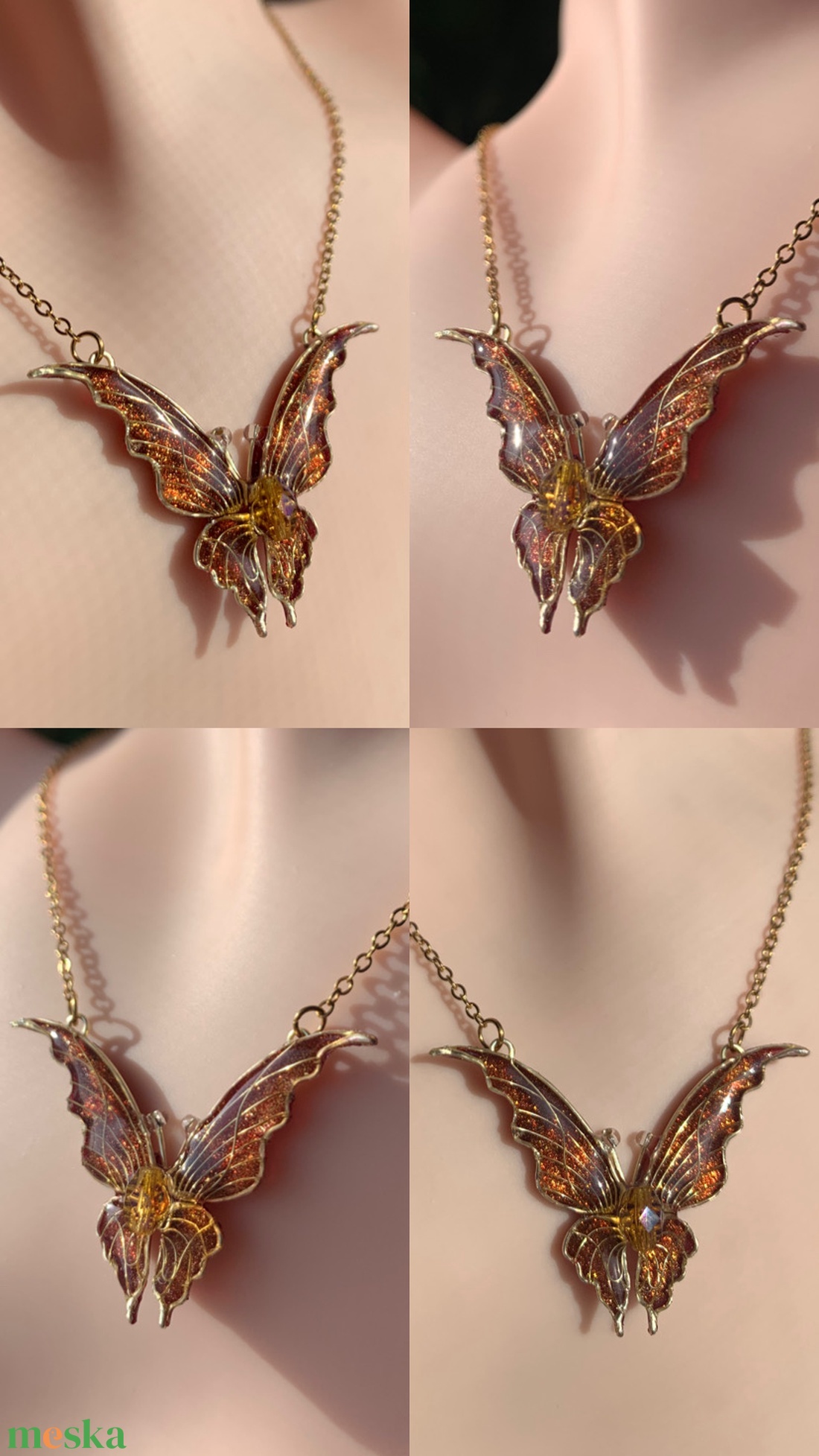 Narancssárga-arany pillangós nyaklánc - ékszer - nyaklánc - medálos nyaklánc - Meska.hu