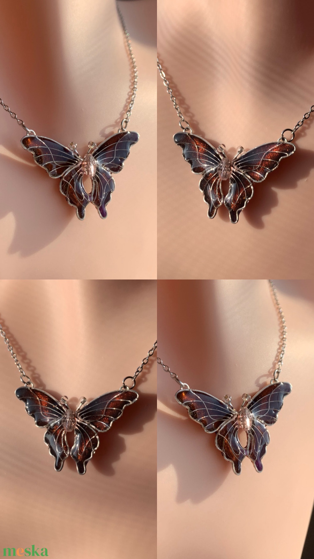 Narancs-lila(barna) pillangós nyaklánc - ékszer - nyaklánc - medálos nyaklánc - Meska.hu