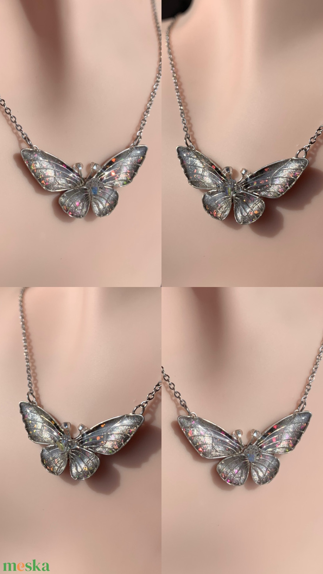 Ezüst-rózsaszín csillámos pillangós nyaklánc - ékszer - nyaklánc - medálos nyaklánc - Meska.hu
