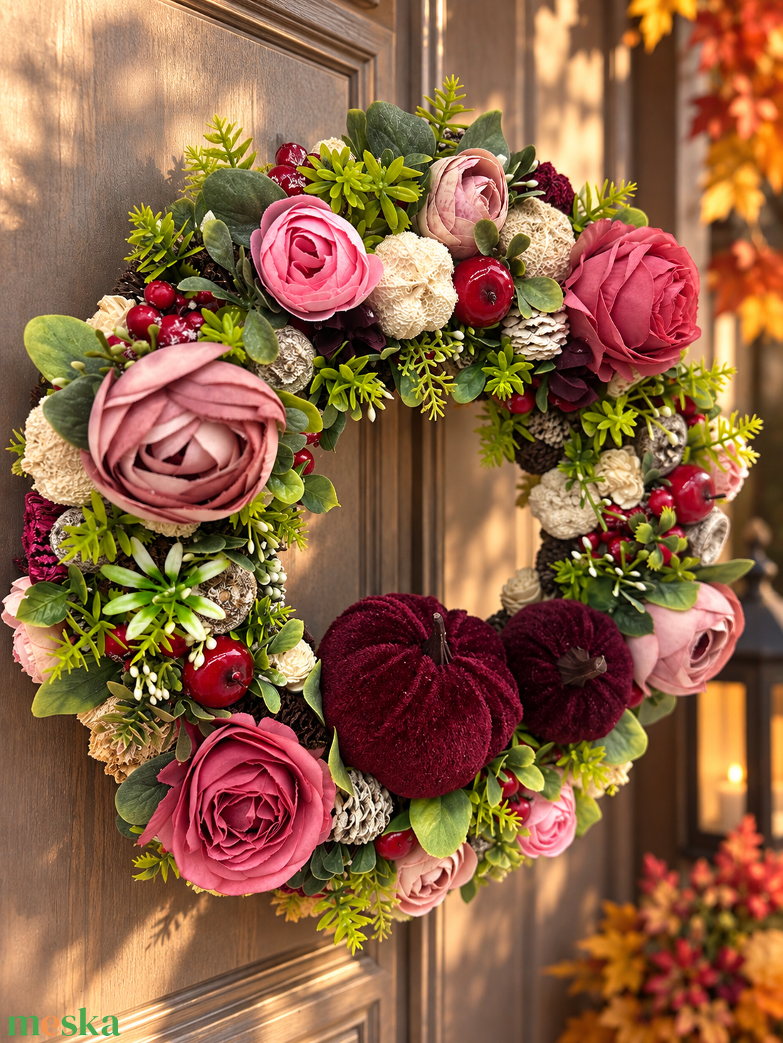 Elegáns romantikus őszi ajtódísz-bordó, rózsaszín - otthon & életmód - dekoráció - ajtó- és ablak dekoráció - ajtódísz & kopogtató - Meska.hu