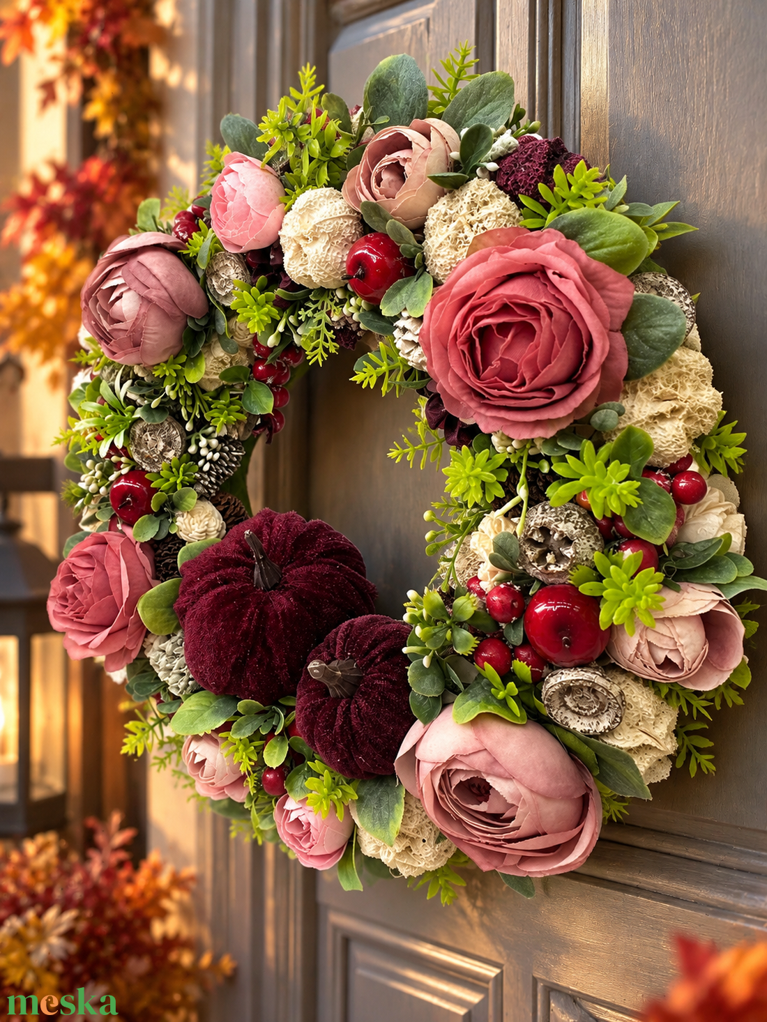 Elegáns romantikus őszi ajtódísz-bordó, rózsaszín - otthon & életmód - dekoráció - ajtó- és ablak dekoráció - ajtódísz & kopogtató - Meska.hu