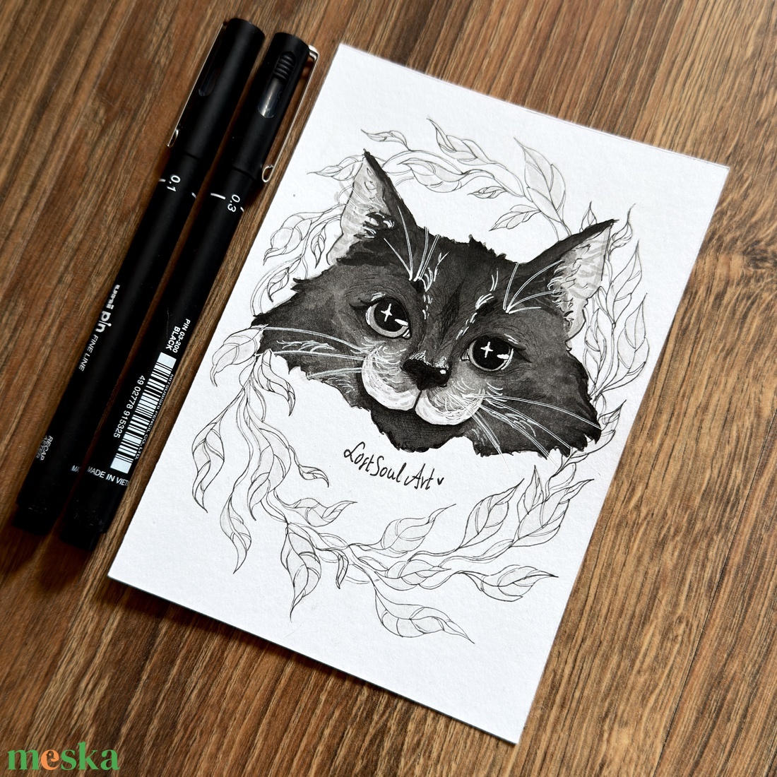 Eredeti, kézzel készült illusztráció - 2025 inktober - Bajszos cica - művészet - grafika & illusztráció - tus - Meska.hu