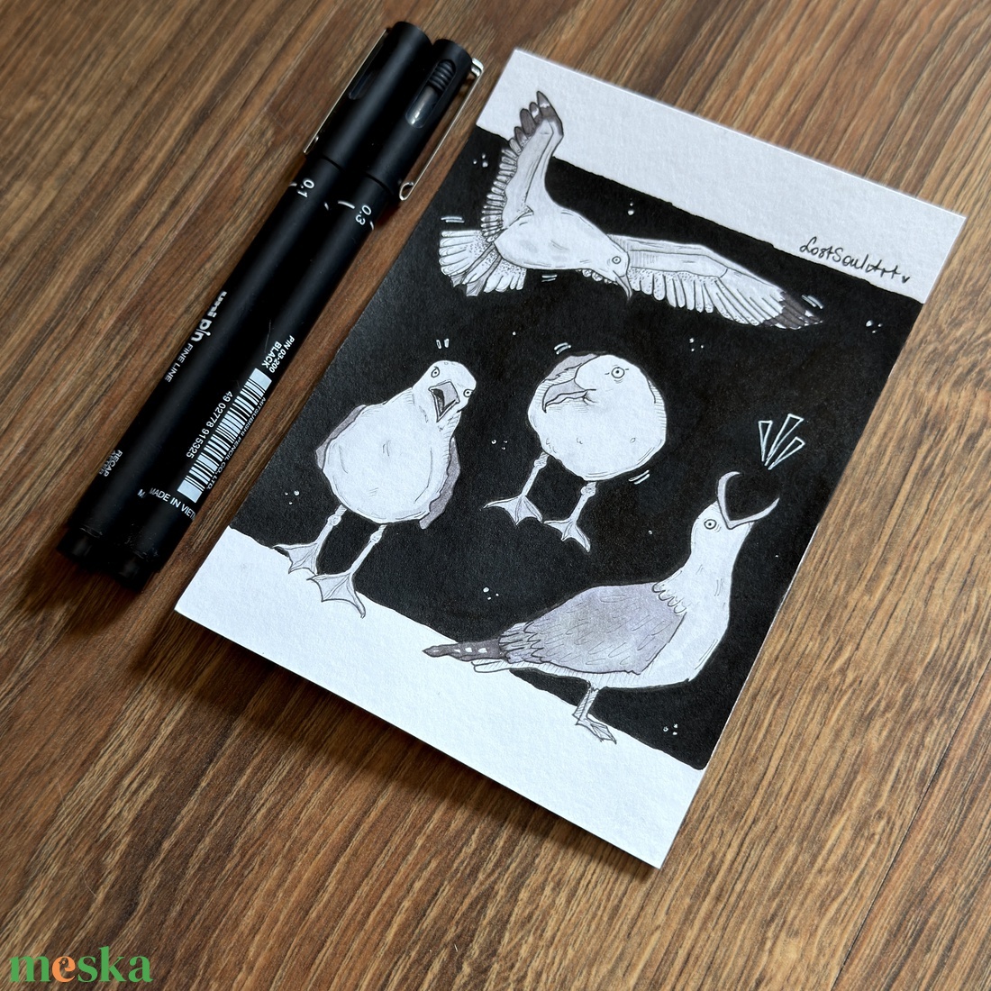 Eredeti, kézzel készült illusztráció - 2025 inktober - Sirály party - művészet - grafika & illusztráció - tus - Meska.hu