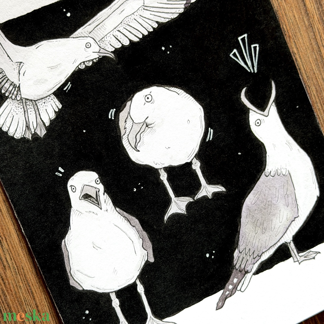 Eredeti, kézzel készült illusztráció - 2025 inktober - Sirály party - művészet - grafika & illusztráció - tus - Meska.hu