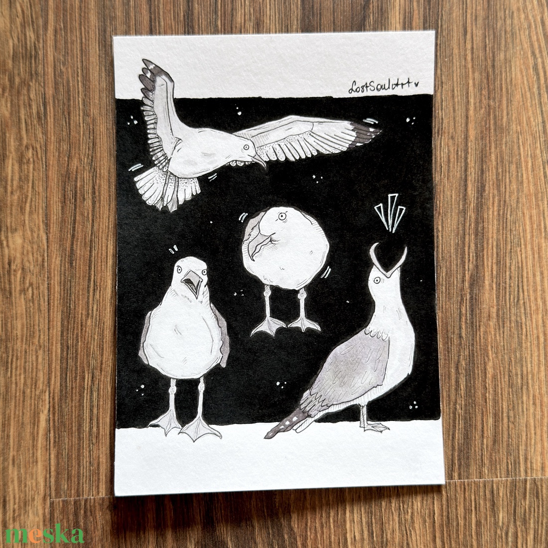 Eredeti, kézzel készült illusztráció - 2025 inktober - Sirály party - művészet - grafika & illusztráció - tus - Meska.hu