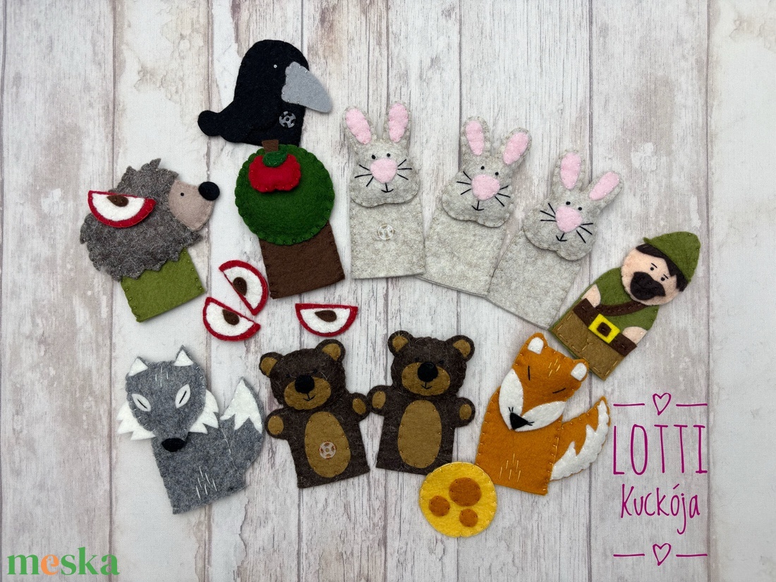 3 az 1-ben ujjbáb készlet: A három nyúl, Az alma, A két kicsi bocs meg a róka - játék & sport - bábok - báb készlet - Meska.hu