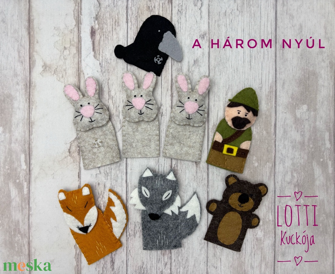 3 az 1-ben ujjbáb készlet: A három nyúl, Az alma, A két kicsi bocs meg a róka - játék & sport - bábok - báb készlet - Meska.hu
