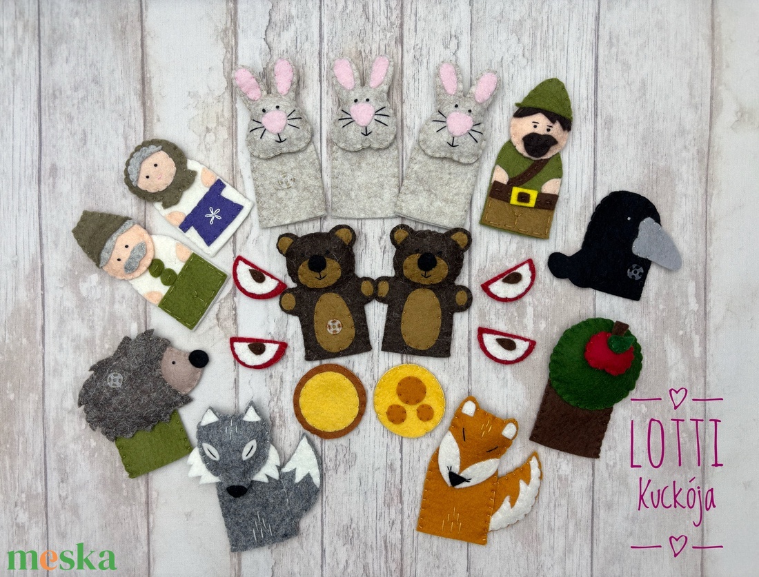 4 az 1-ben ujjbáb készlet: Vajaspánkó, A három nyúl, Az alma, A két kicsi bocs meg a róka - játék & sport - bábok - báb készlet - Meska.hu