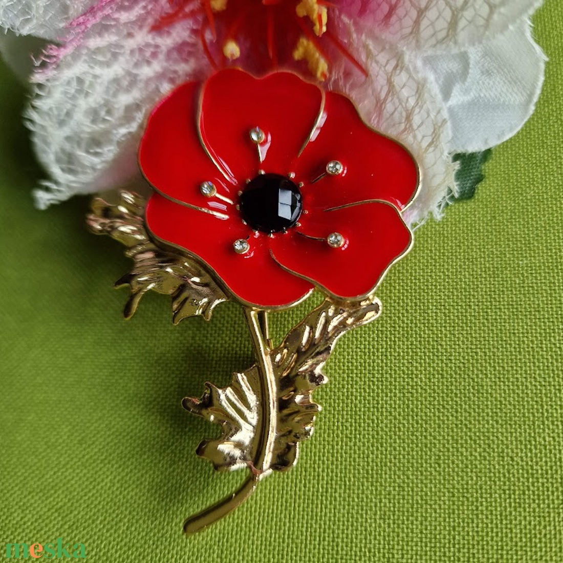 Kitűző, bross BRO273 - Tűzzománcos pipacs kb. 44x62mm akciós termékkép 1