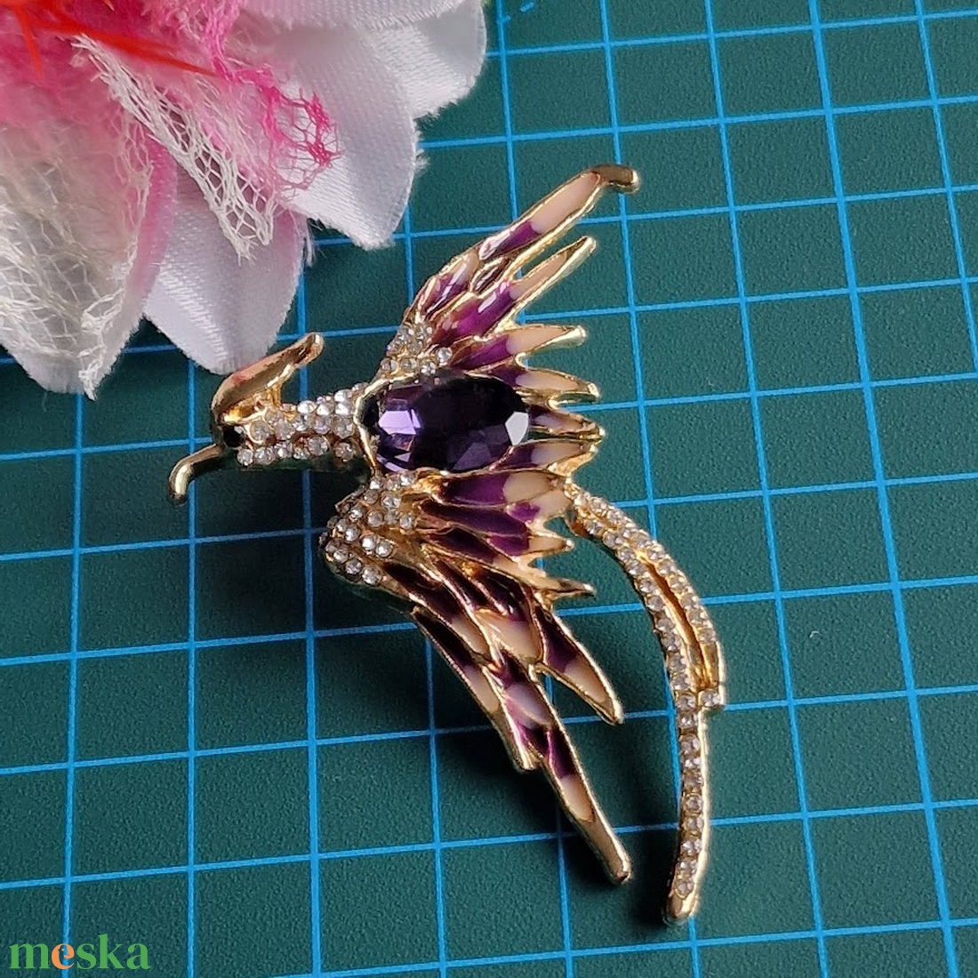 Kitűző, bross BRO253D/E - Strasszköves tűzzománcos PINK és LILA FŐNIX  60x60mm - ékszer - kitűző és bross - Meska.hu