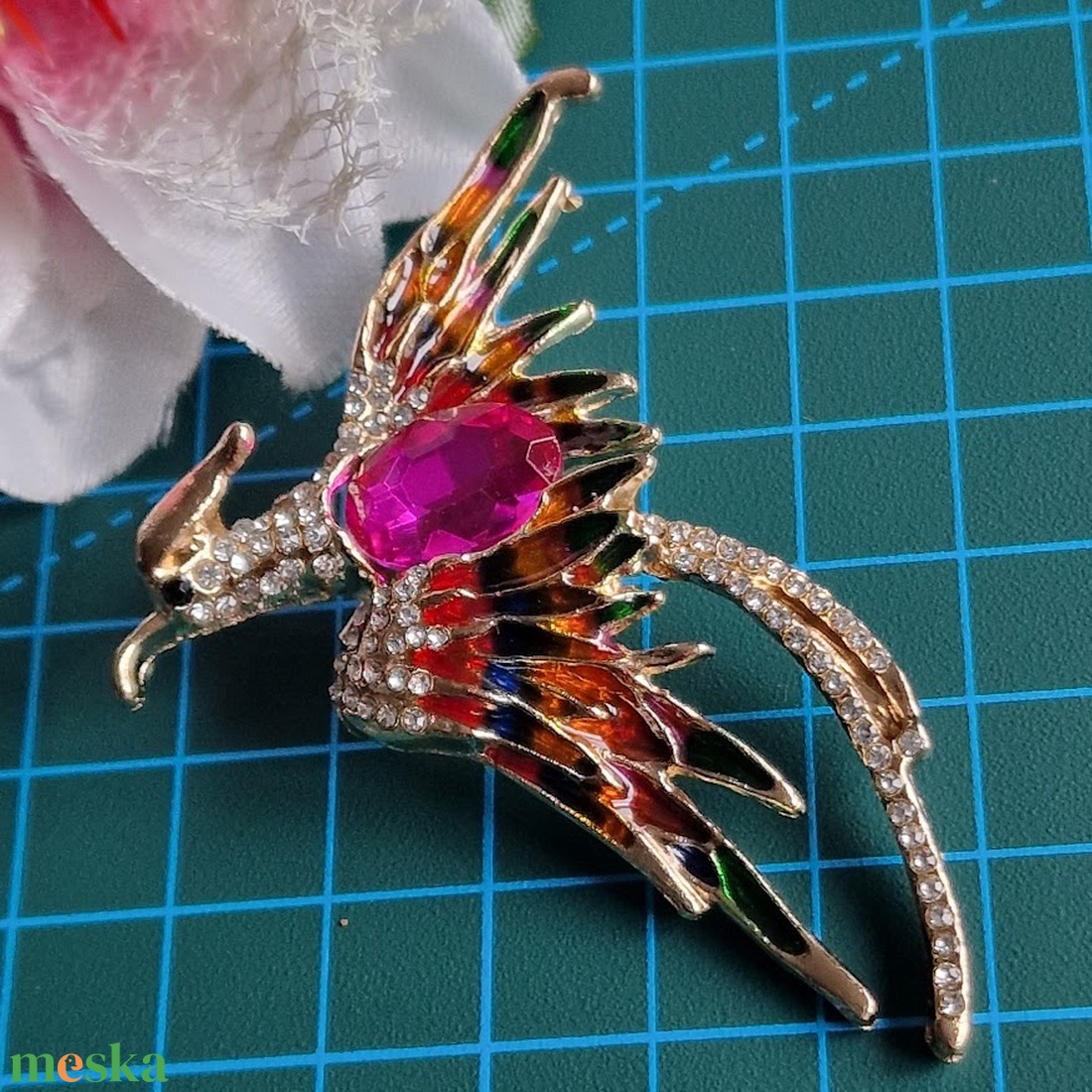 Kitűző, bross BRO253E - Strasszköves tűzzománcos PINK  FŐNIX  60x60mm - ékszer - kitűző és bross - Meska.hu