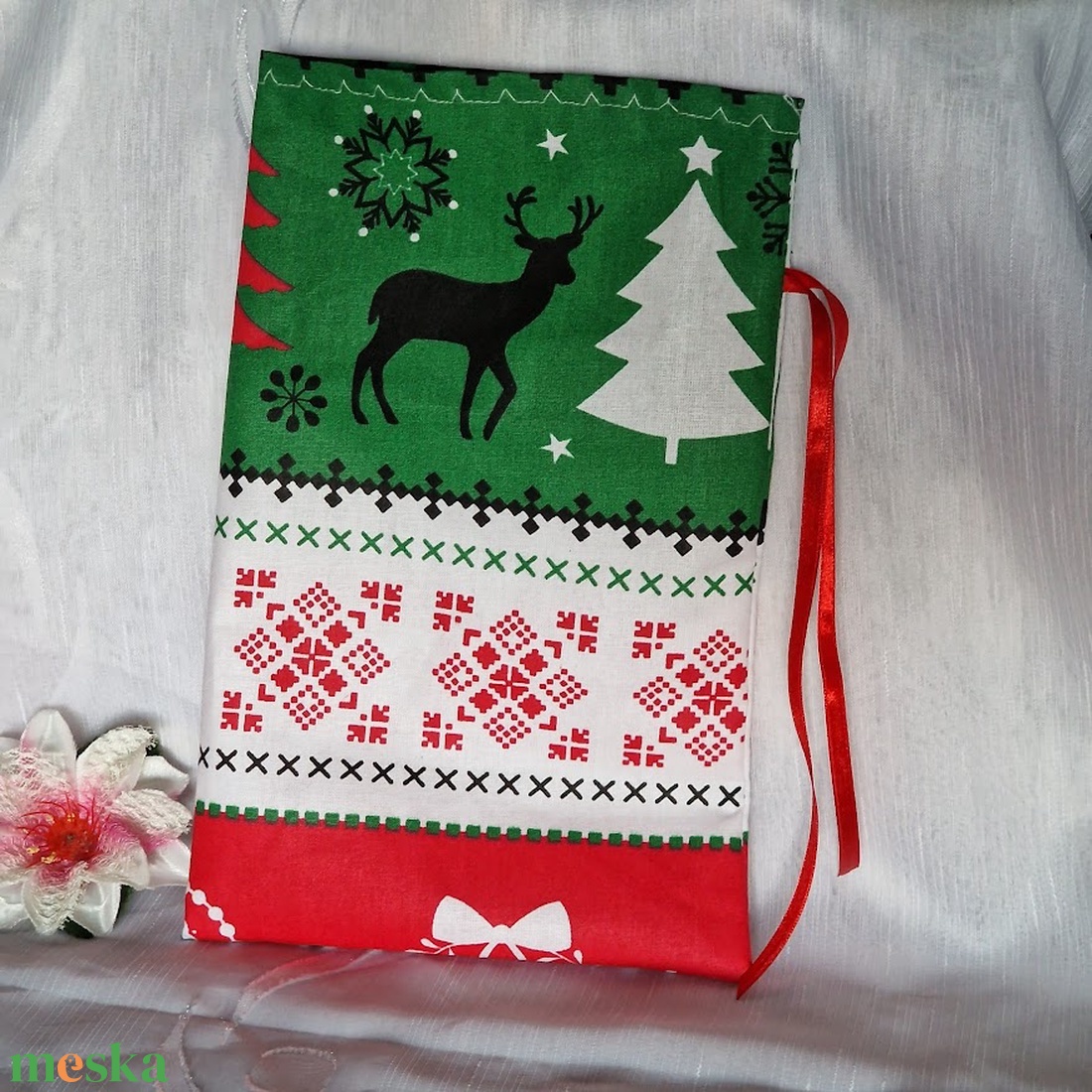 DCS51B - Karácsonyi fenyőfa, rénszarvas mintás mikulás zsák, textil ajándéktasak - zöld - karácsony - mikulás - mikulás zsák - Meska.hu