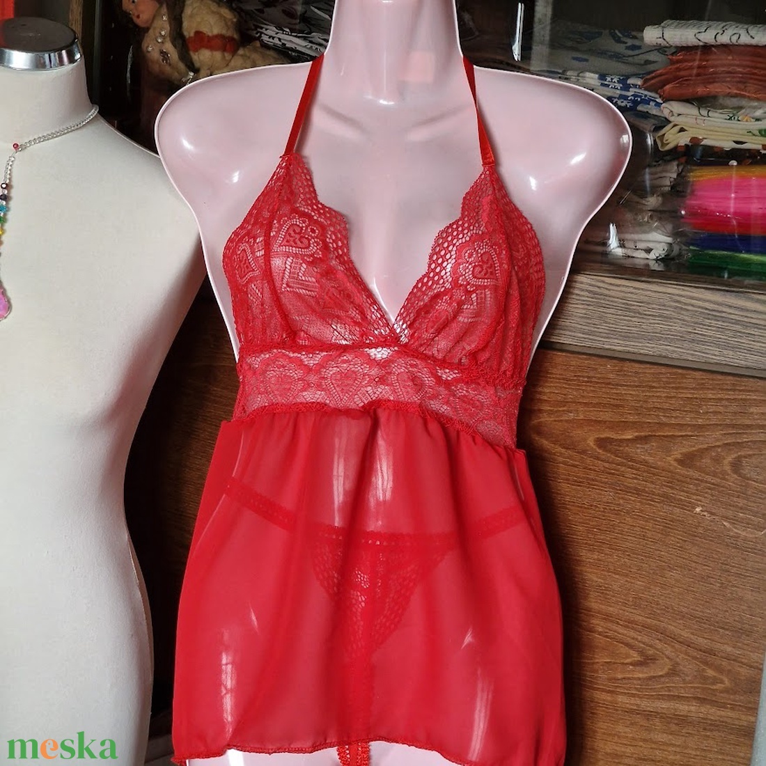 FEN129B - Női fehérnemű szett - Muszlin csipkés babydoll, hálóing nyitott tangával - ruha & divat - női ruha - fürdőruha & fehérnemű - Meska.hu