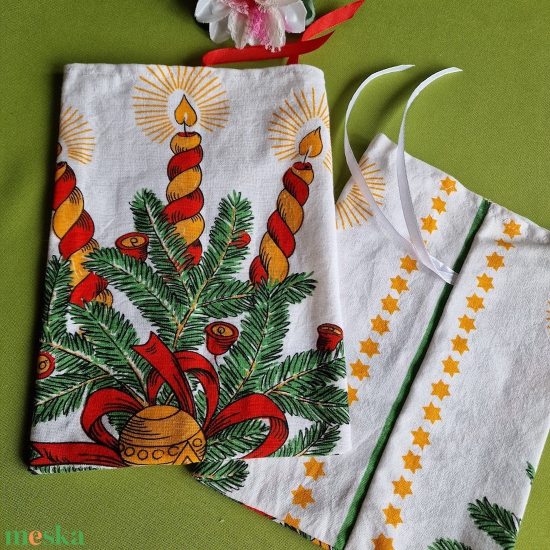 DCS100 - Gyertya mintás vászon ajándéktasak, mikulás zsák, bortartó - karácsony - mikulás - mikulás zsák - Meska.hu