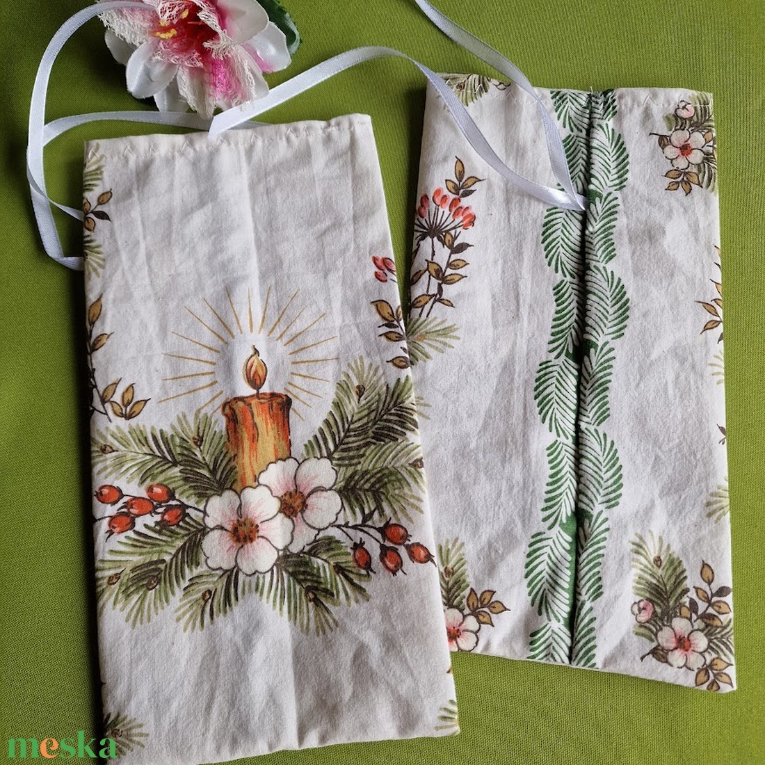 DCS101 - Csipke virág, gyertya mintás vászon ajándéktasak, mikulás zsák, bortartó - karácsony - mikulás - mikulás zsák - Meska.hu