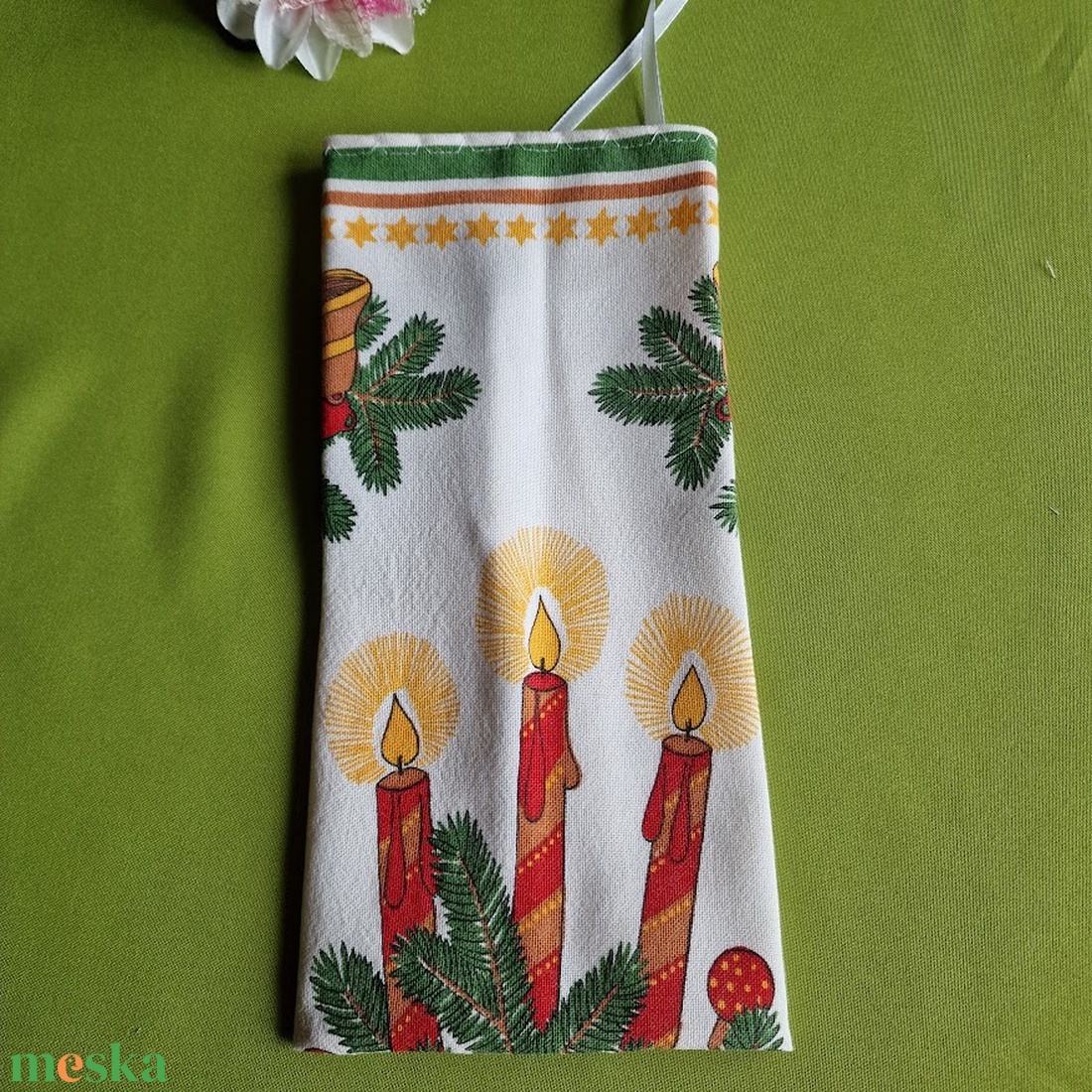 DCS103 - Gyertya, gomba, csengő mintás vászon ajándéktasak, mikulás zsák, bortartó - karácsony - mikulás - mikulás zsák - Meska.hu