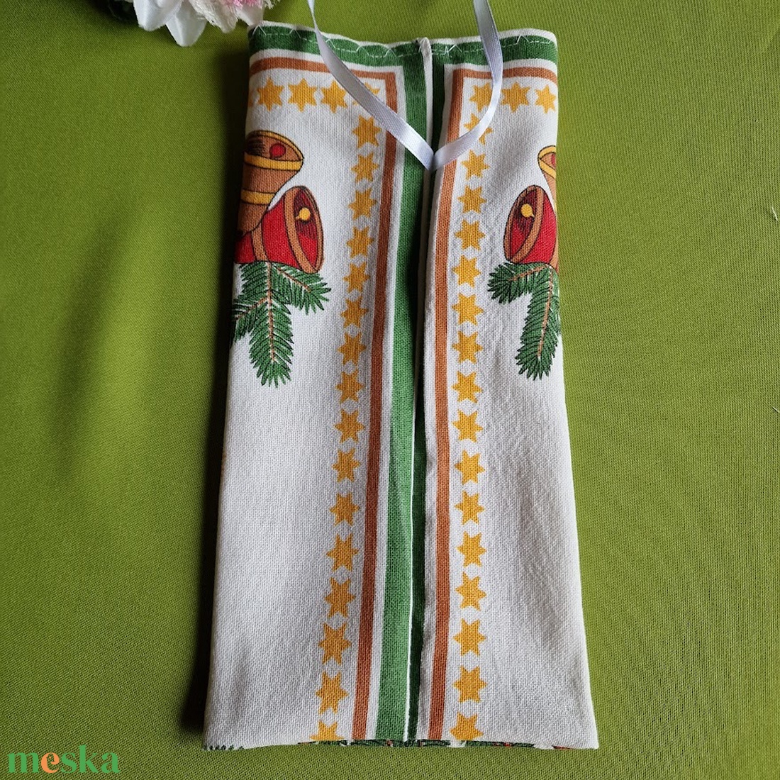 DCS103 - Gyertya, gomba, csengő mintás vászon ajándéktasak, mikulás zsák, bortartó - karácsony - mikulás - mikulás zsák - Meska.hu