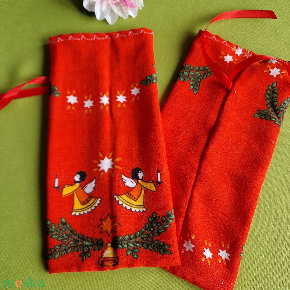 DCS105 - Angyalka, csillag, csengő mintás textil ajándéktasak, mikulás zsák piros alapon  - karácsony - mikulás - mikulás zsák - Meska.hu