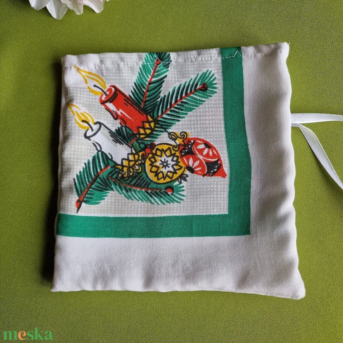 DCS108 - Gyertya és karácsonyi dísz mintás textil ajándéktasak, mikulás zsák négyszögletes - karácsony - mikulás - mikulás zsák - Meska.hu