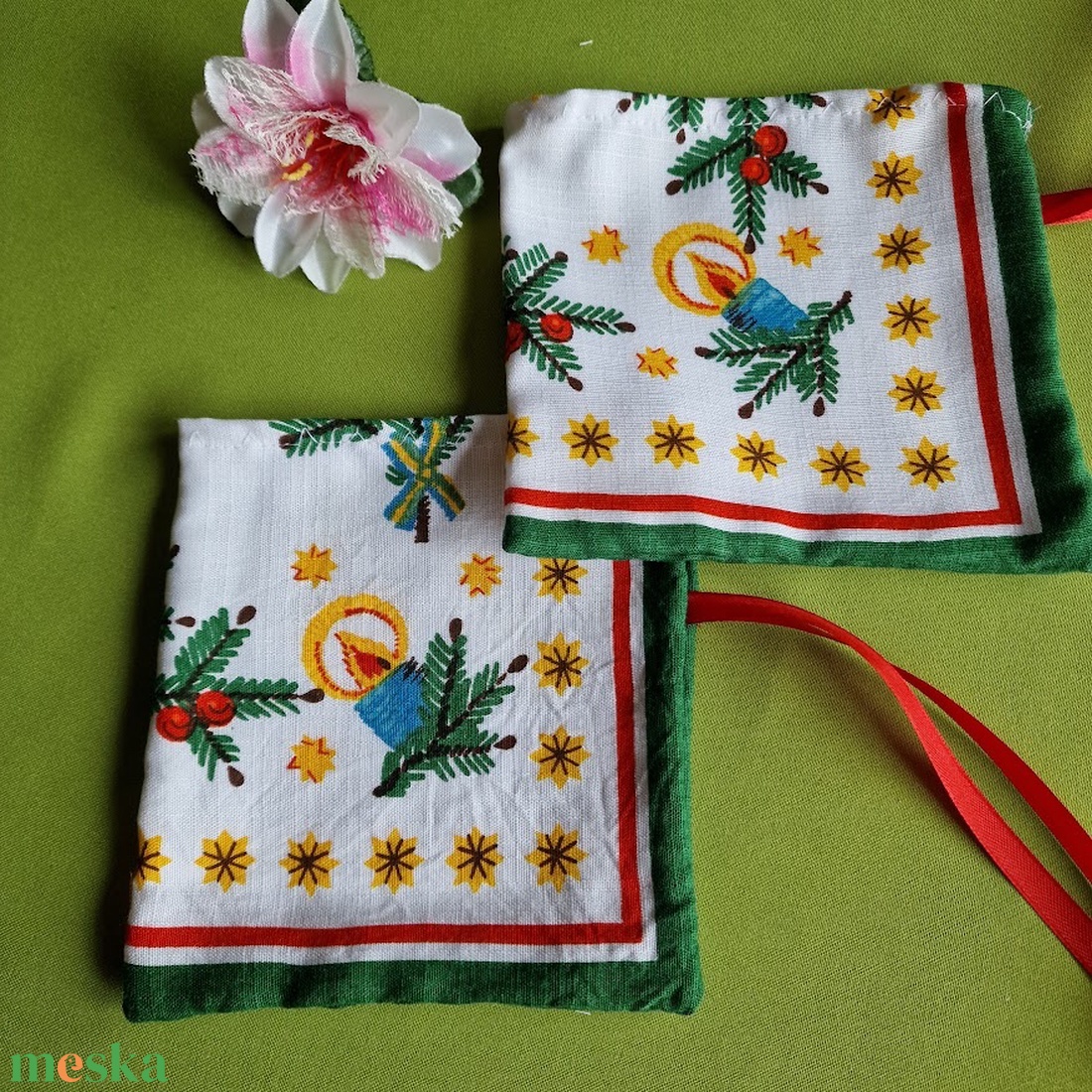 DCS112 - Gyertya mintás textil ajándéktasak, mikulás zsák négyszögletes - karácsony - mikulás - mikulás zsák - Meska.hu