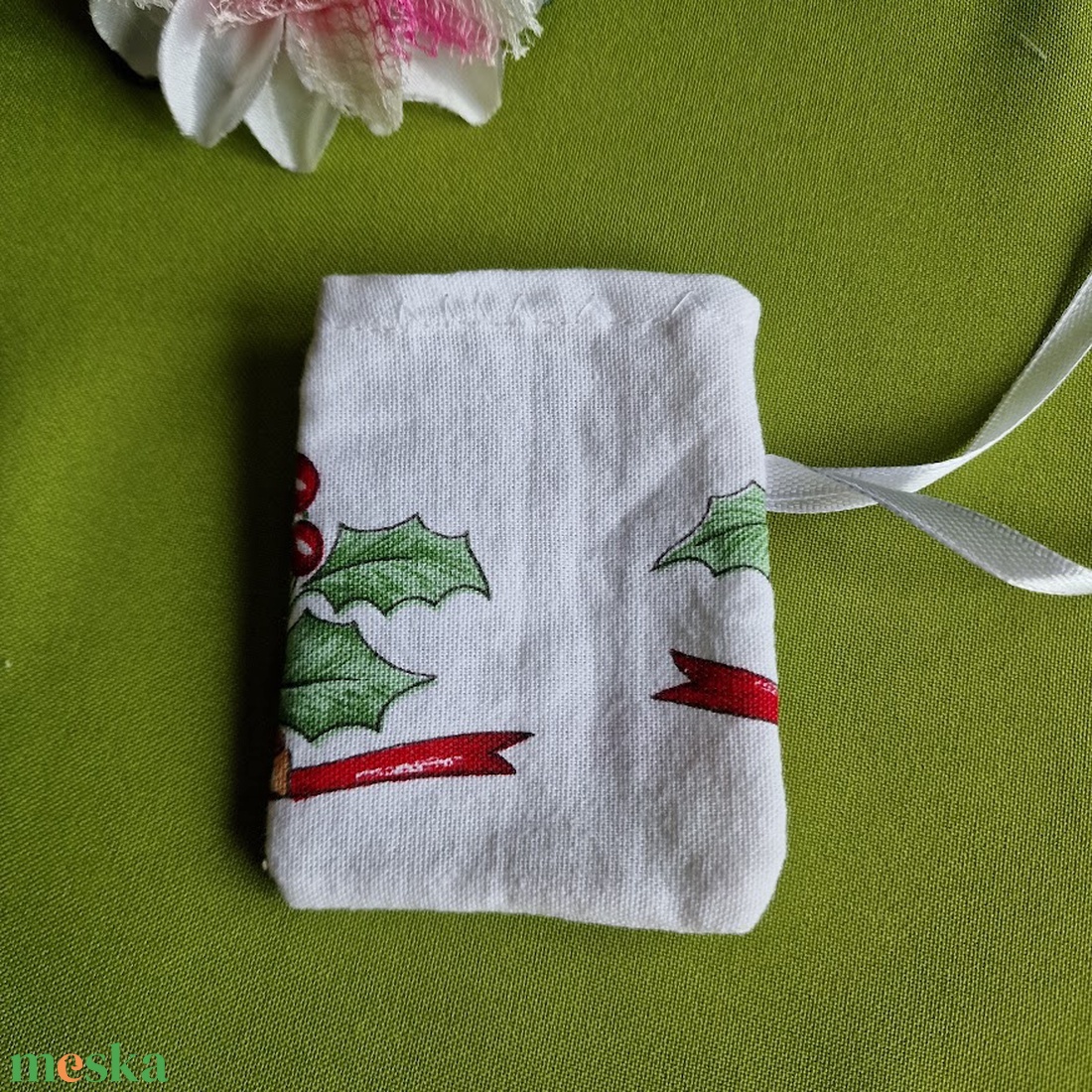 DCS115 - Magyalmintás textil ajándéktasak, ékszertartó - karácsony - mikulás - mikulás zsák - Meska.hu