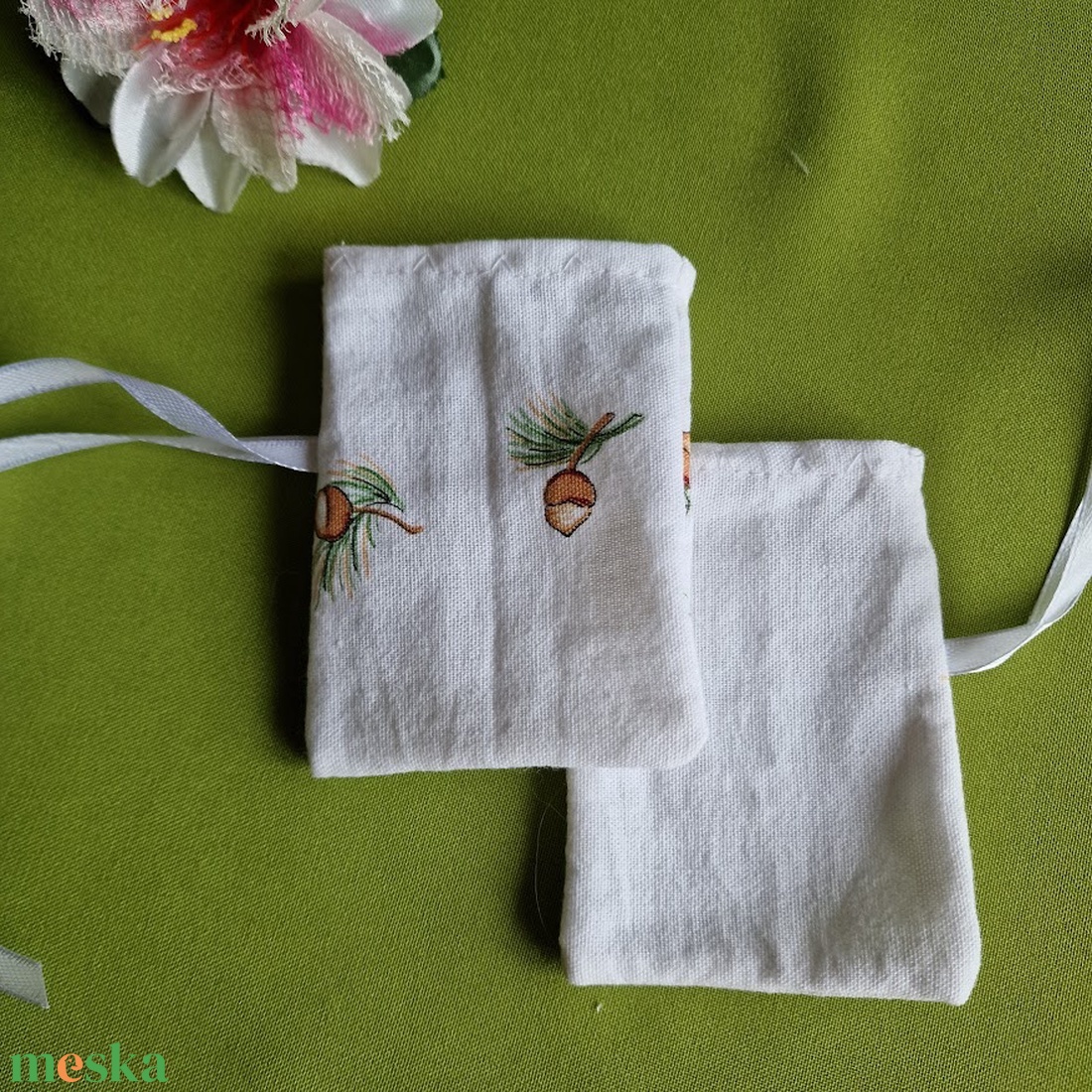 DCS116 - Fenyő ágak, makk mintás textil ajándéktasak, ékszertartó - karácsony - mikulás - mikulás zsák - Meska.hu