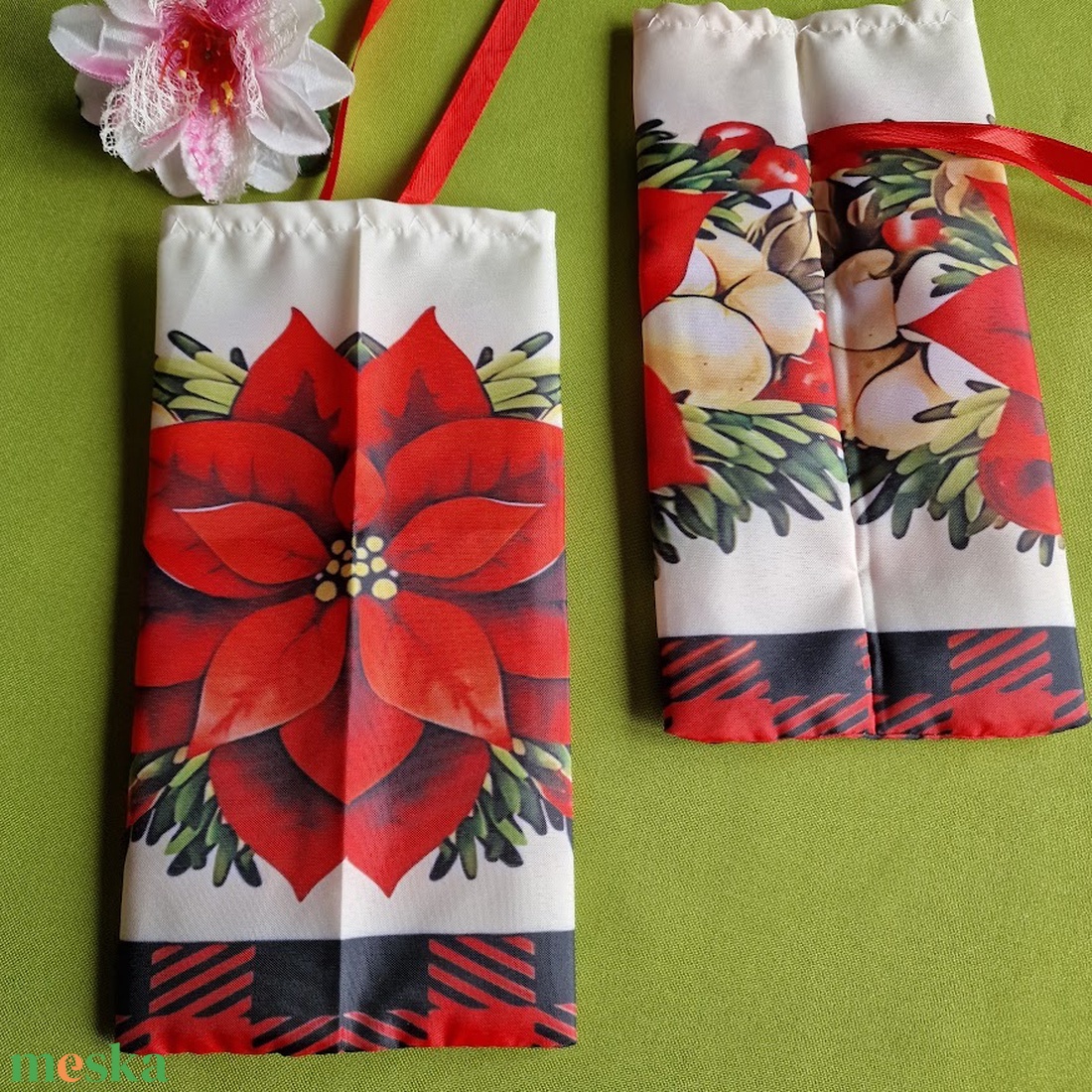 DCS120 - Mikulás virág mintás textil ajándéktasak, mikulás zsák - karácsony - mikulás - mikulás zsák - Meska.hu