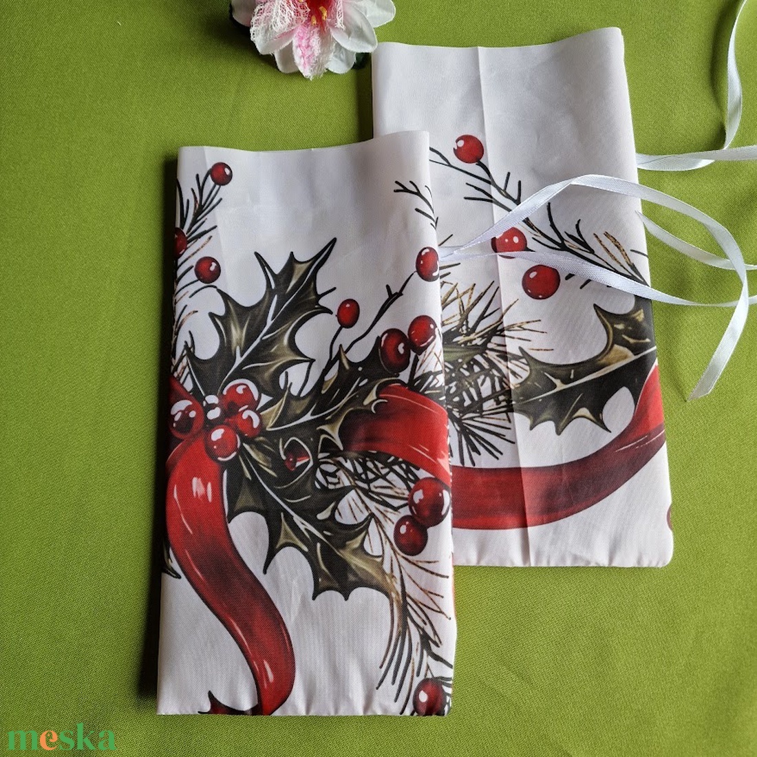 DCS122 - Masnis, fenyőág, fagyal mintás textil ajándéktasak, mikulás zsák, bortartó, pezsgő  csomagoló - karácsony - mikulás - mikulás zsák - Meska.hu