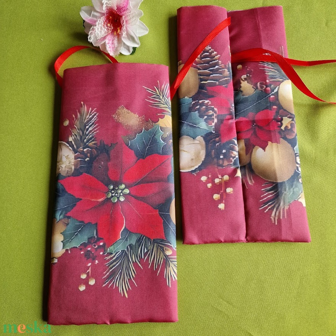DCS123 - Mikulás virág mintás bordó alaú textil ajándéktasak, mikulás zsák, bortartó, pezsgő  csomagoló - karácsony - mikulás - mikulás zsák - Meska.hu