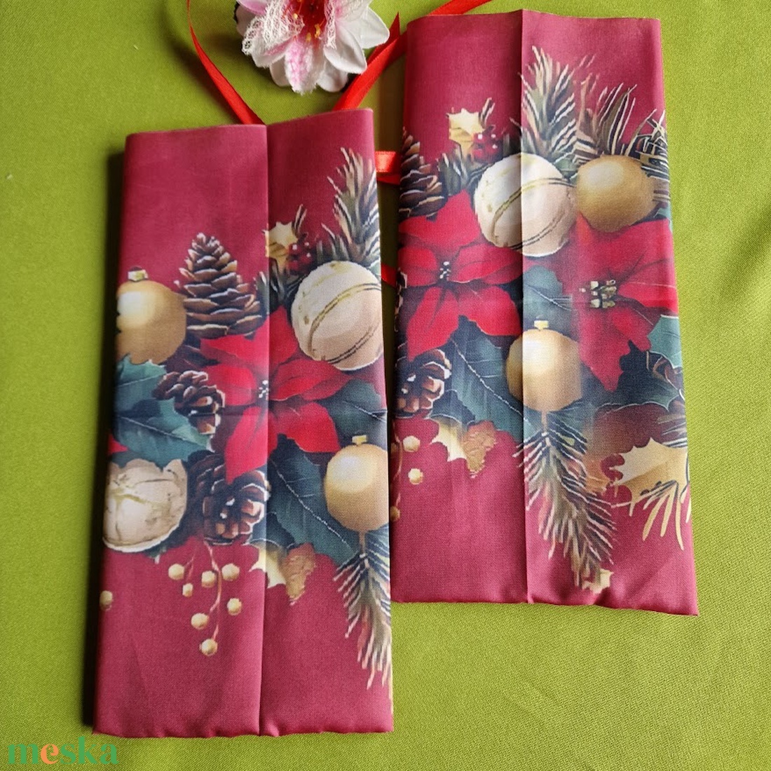 DCS123 - Mikulás virág mintás bordó alaú textil ajándéktasak, mikulás zsák, bortartó, pezsgő  csomagoló - karácsony - mikulás - mikulás zsák - Meska.hu