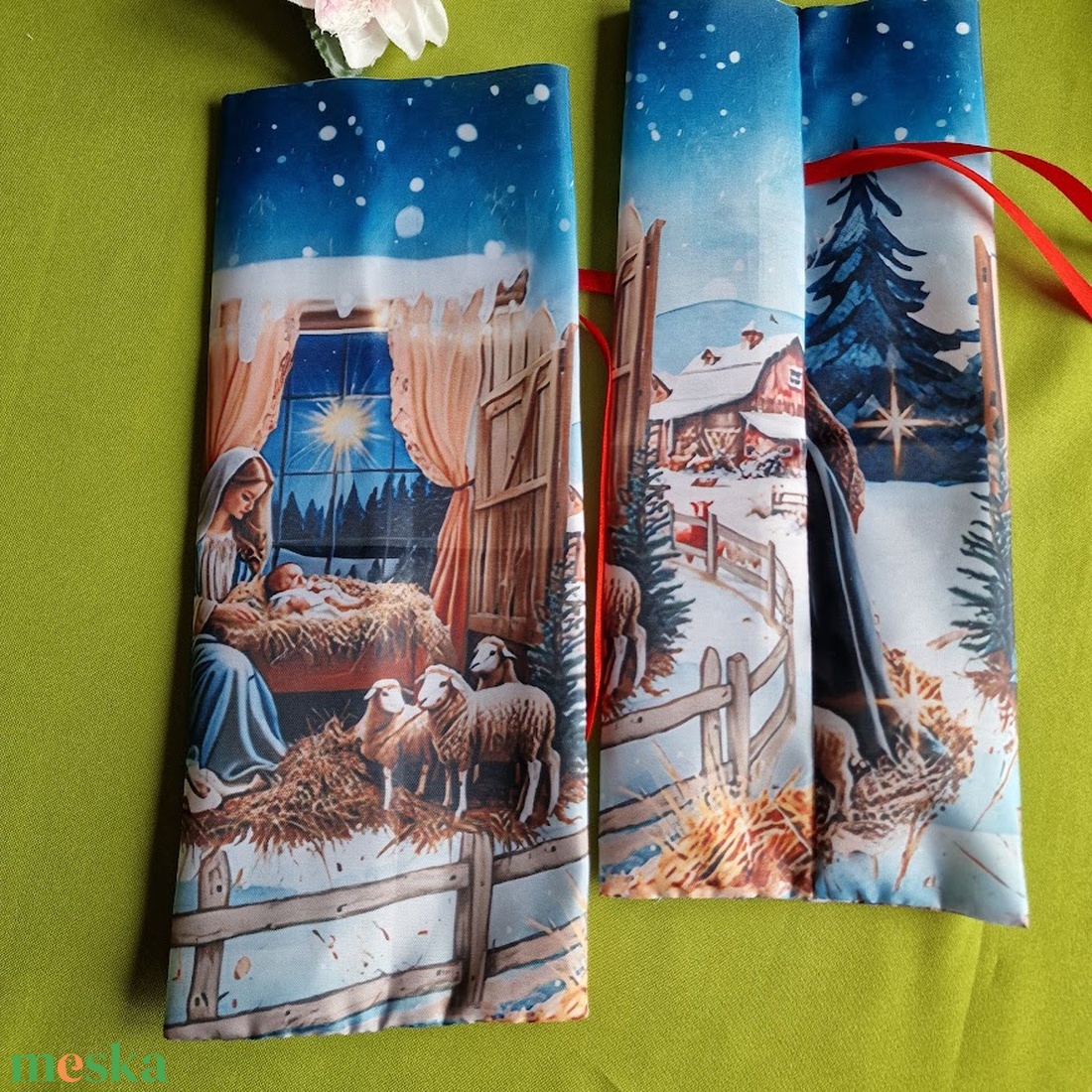 DCS124A - Mária a kisdeddel és a bárányokkal mintás textil ajándéktasak, mikulás zsák, bortartó, pezsgő  csomagoló - karácsony - mikulás - mikulás zsák - Meska.hu