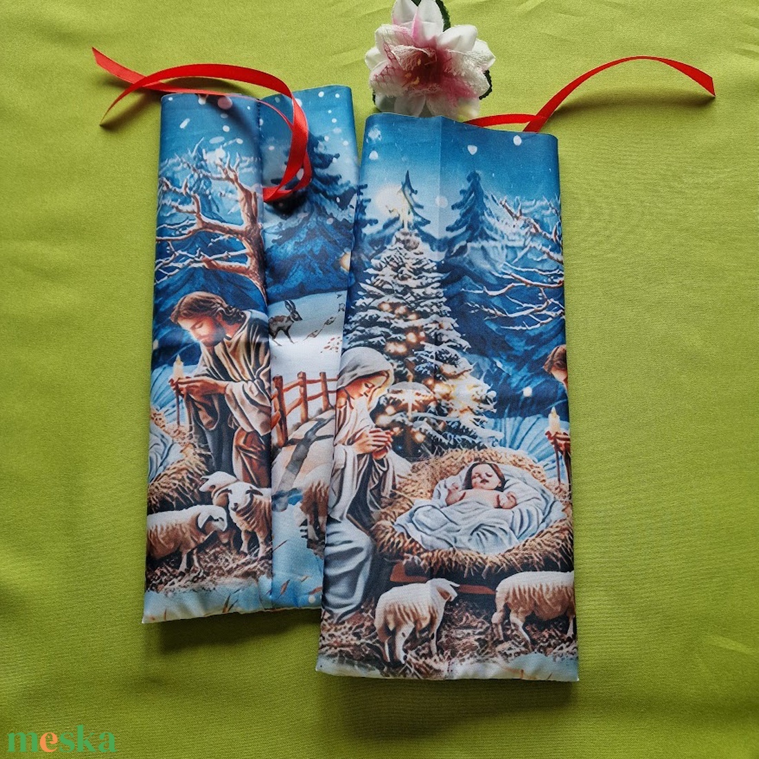 DCS124C - Mária a kisdeddel és karácsonyfával mintás textil ajándéktasak, mikulás zsák, bortartó, pezsgő csomagoló - karácsony - mikulás - mikulás zsák - Meska.hu