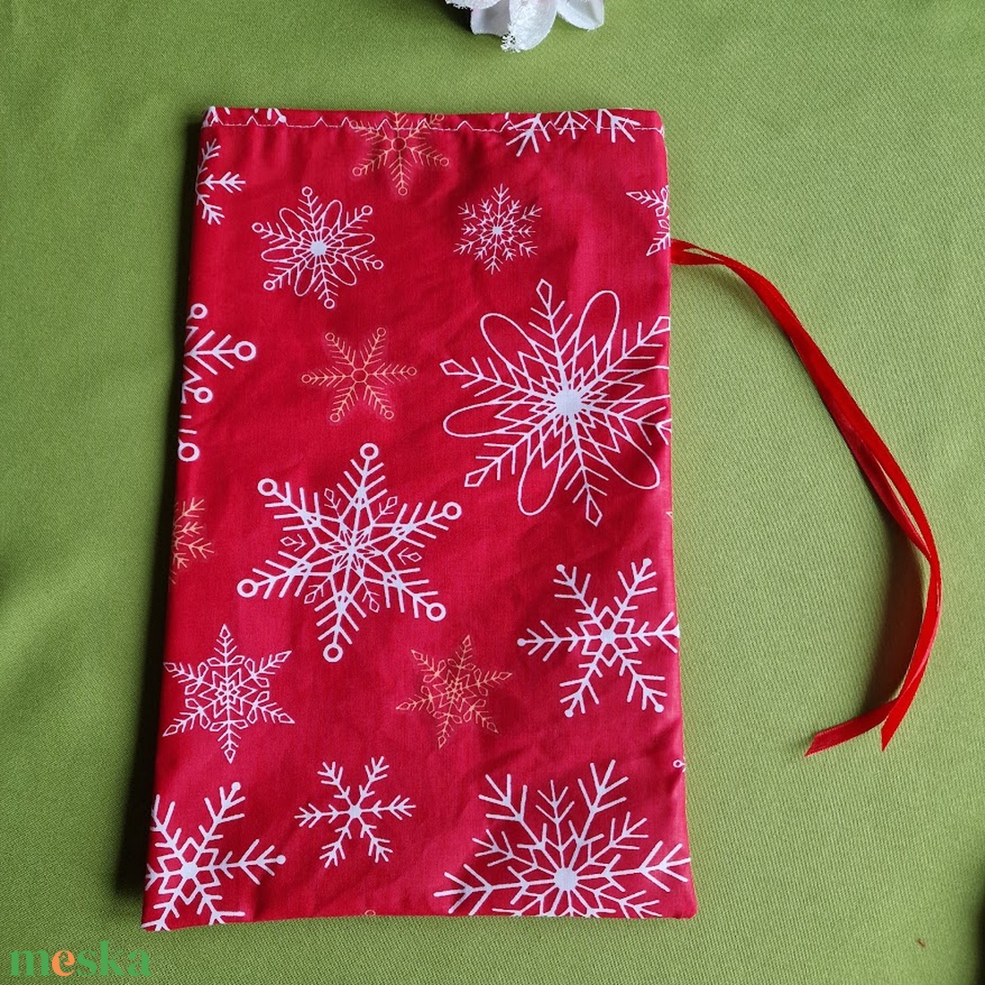 DCS88 - Hópehely mintás mikulás zsák, textil ajándéktasak - piros - karácsony - mikulás - mikulás zsák - Meska.hu