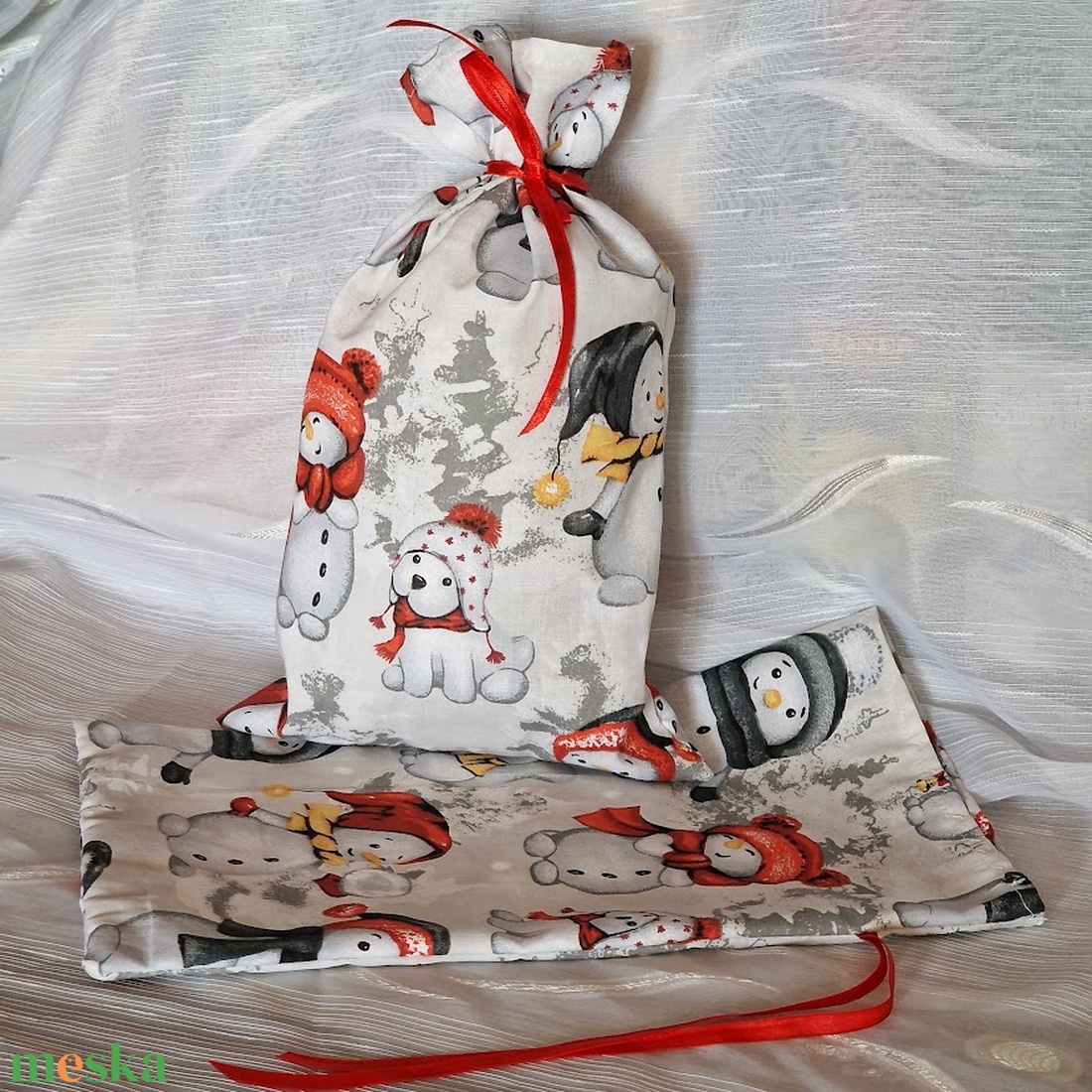 DCS89 - Hóember, kutya mókus mintás mikulás zsák, textil ajándéktasak - karácsony - mikulás - mikulás zsák - Meska.hu